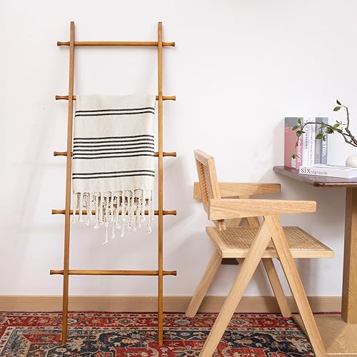 Miniatura 55 de Escalera para mantas, soporte de edredón de madera de 6 niveles, estante decorativo para escalera, estante inclinado, estante de almacenamiento