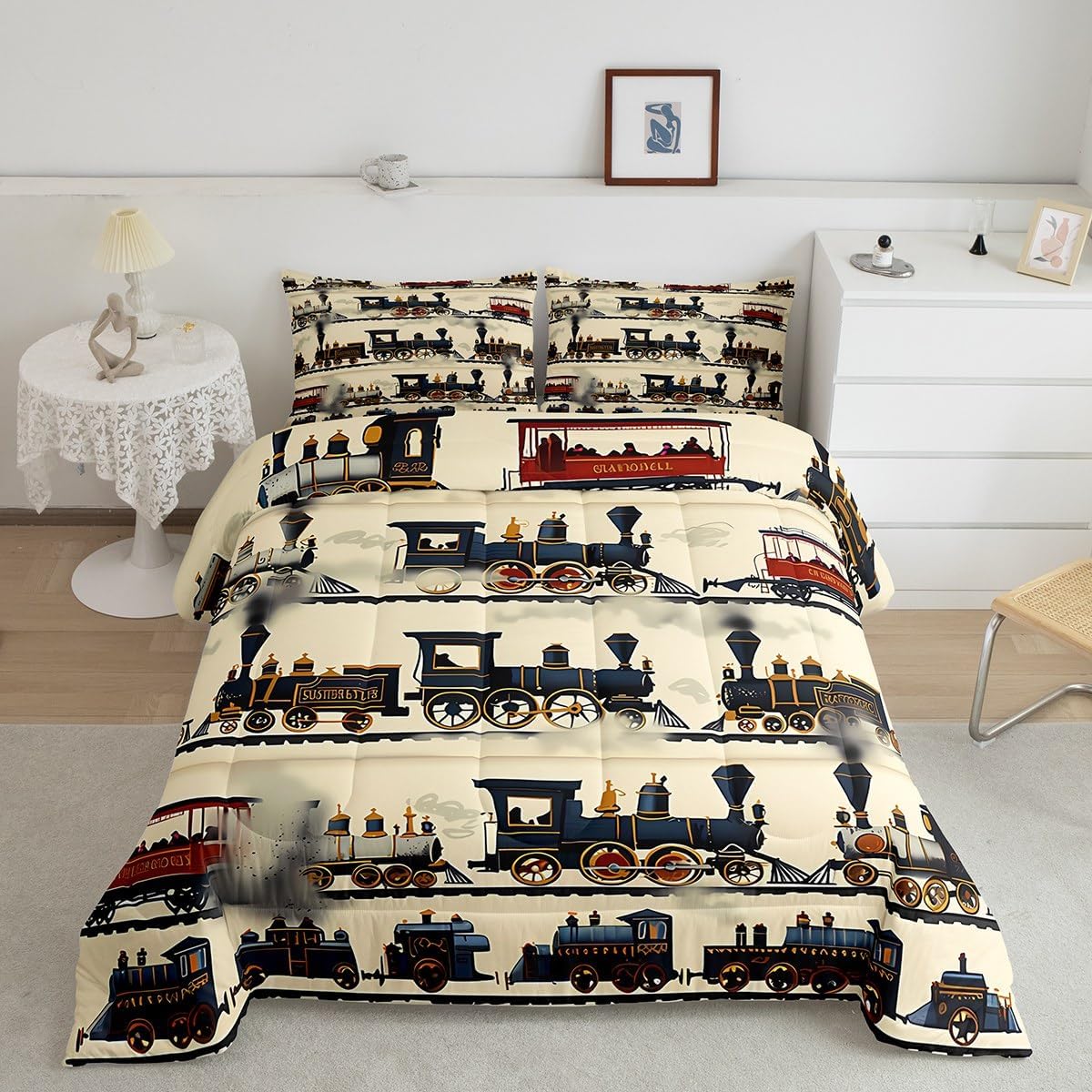 jejeloiu Cartoon Retro Train Comforter Set Toddler Kids Vintage Steam Engine Railway Transportation Bedding Set for Boys Girls Vehicle Locomotive Train Duvet Quilt Room Decor