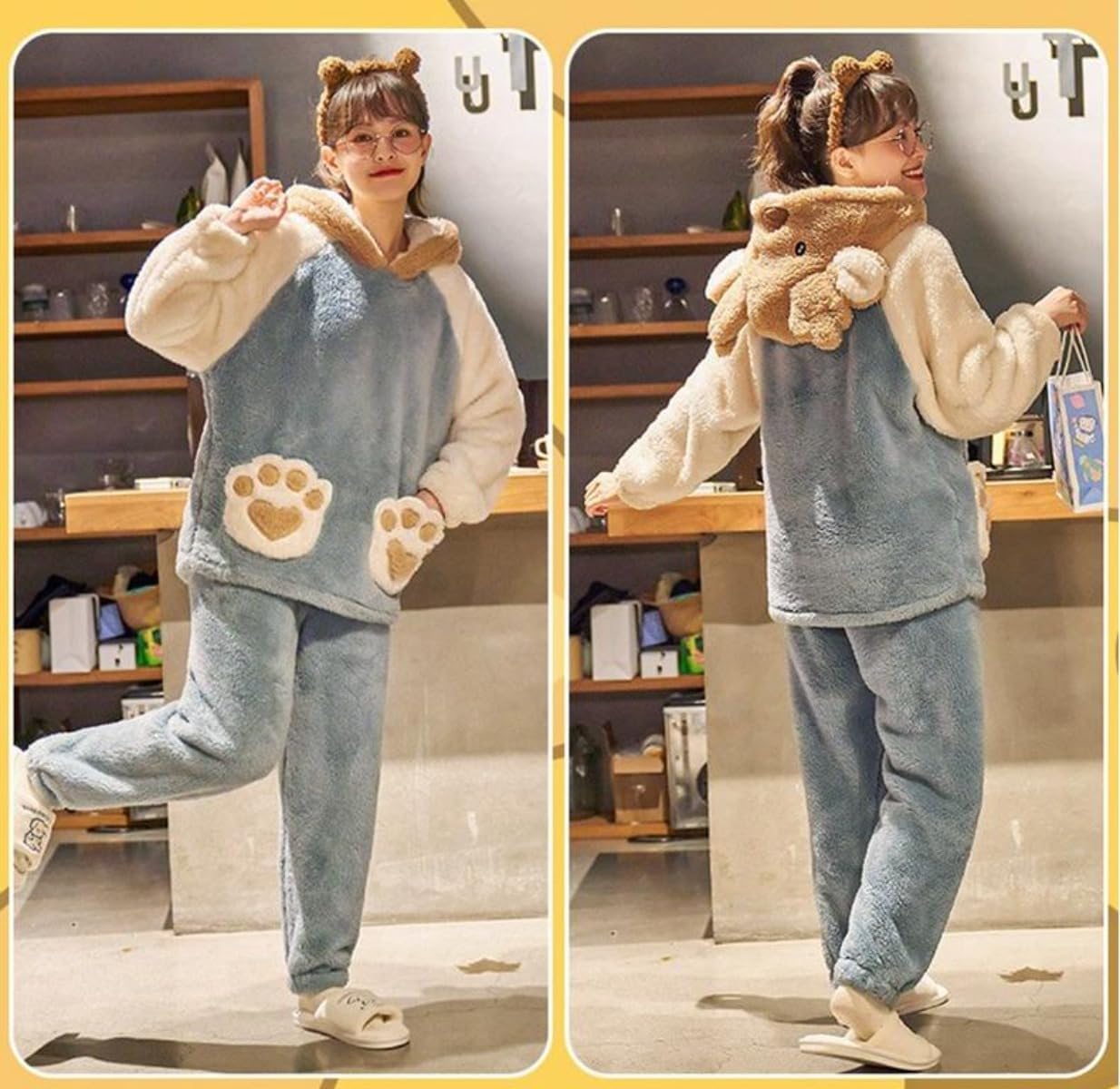 [Auyyhui] ペアパジャマ 冬 ルームウェア 長袖 上下セット もこもこ ふわふわ ポケット付き フード付き 暖かい 厚手 寝