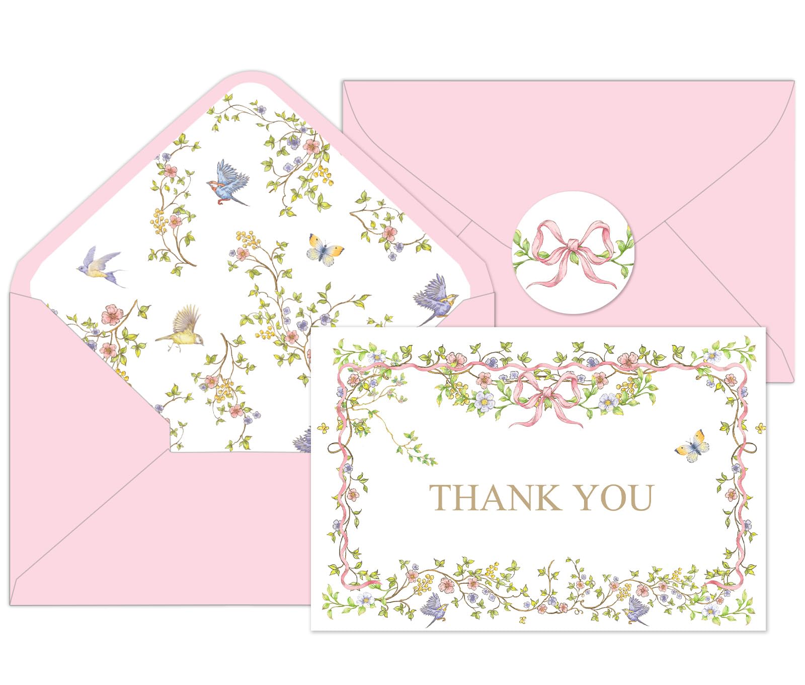 FYSUIMU Paquete de 24 tarjetas de agradecimiento con lazo rosa, vintage, hojas de flores, tarjetas de felicitación en blanco con sobres y calcomanías para boda, cumpleaños, baby shower, 4 x 6 pulgadas