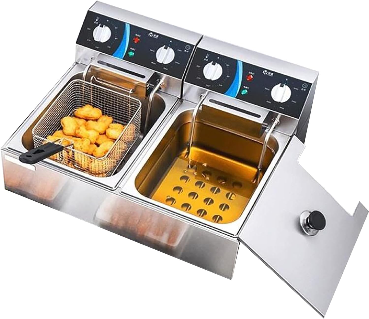 Friggitrice commerciale, friggitrice commerciale, friggitrice elettrica a doppia vasca con 2 cestelli e coperchi, friggitrice elettrica da banco in acciaio inox spesso per cucina domestica e ristora