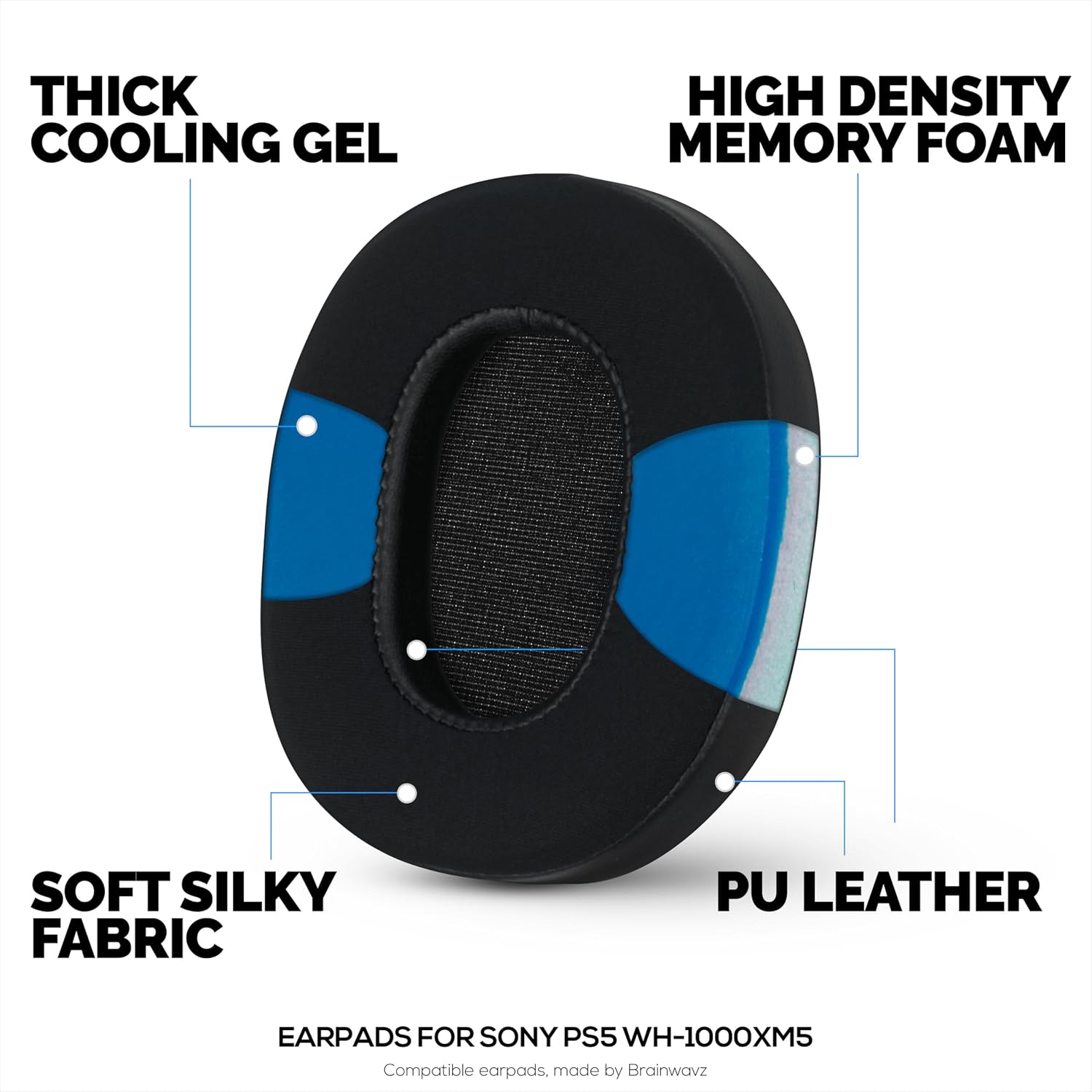 Hybrid Gel Earpads for Sony WH 1000XM5 Headphones, Cool Gel, Super Soft Fabric, PU Leather & Thicker Memory Foam for Additional Comfort, by Brainwavz image 3