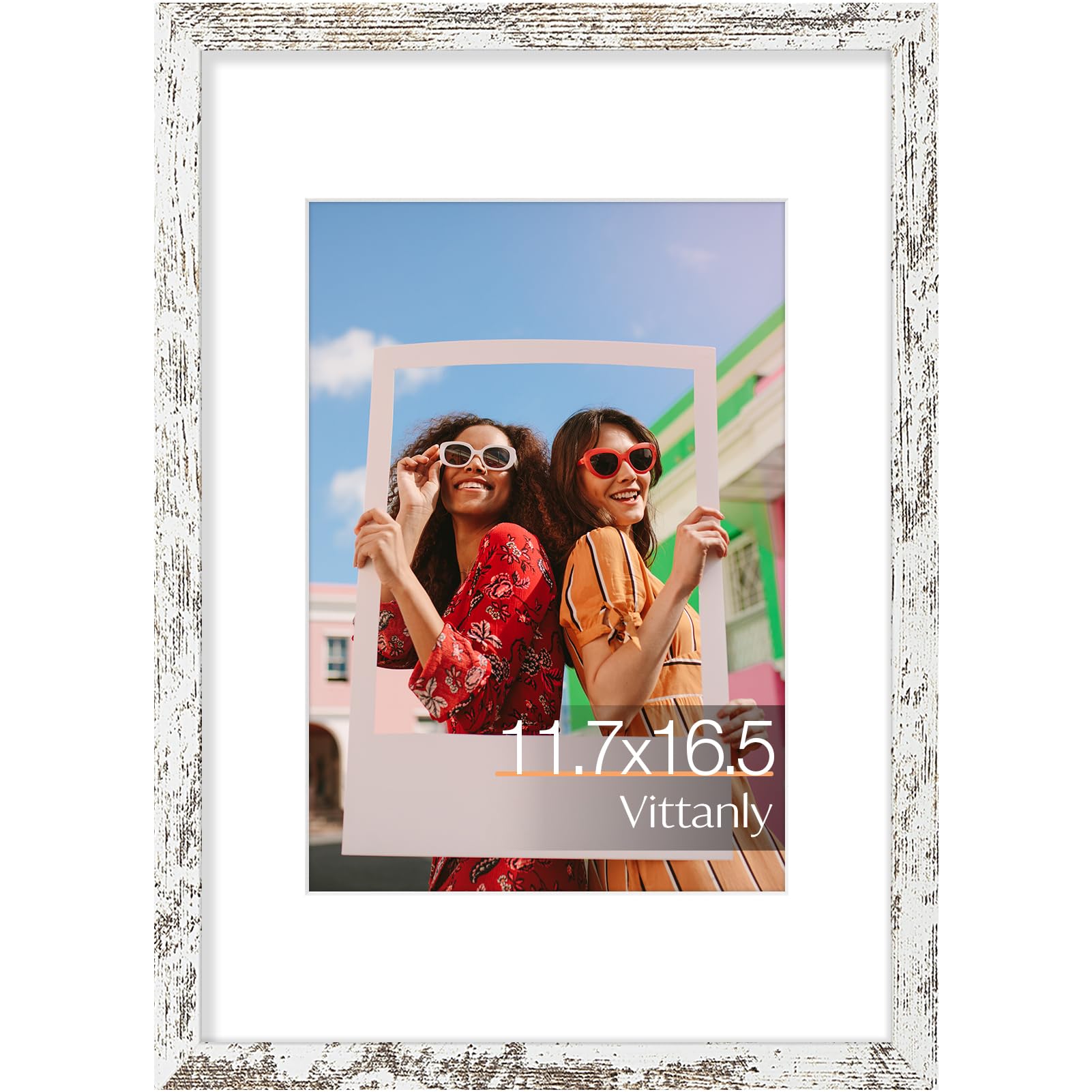 Vittanly A3 Picture Frame, Engineered Wood with Shatter Resistant Plexiglass, Display Pictures 8.3x11.7 with Mat or 11.7x16.5 without Mat, Poster Frame for Wall Display, Distressed White, 1 Pack — image 1
