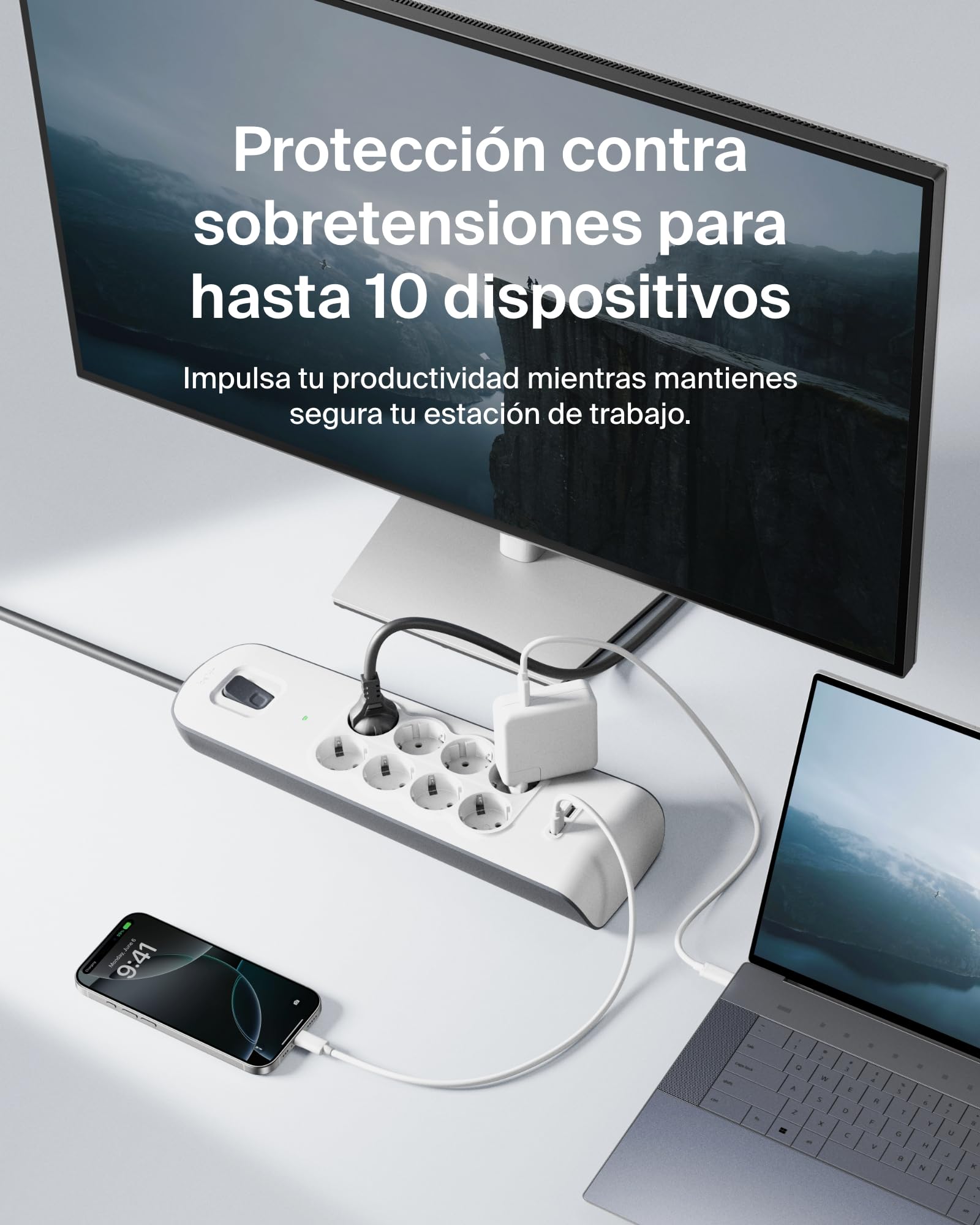 Belkin Regleta de enchufes con 8 tomas y 2 puertos USB-A (2,4 A) con protección contra sobretensiones, 900 julios, ladrón, cable de 2 metros, base múltiple con protección eléctrica, hogar y oficina