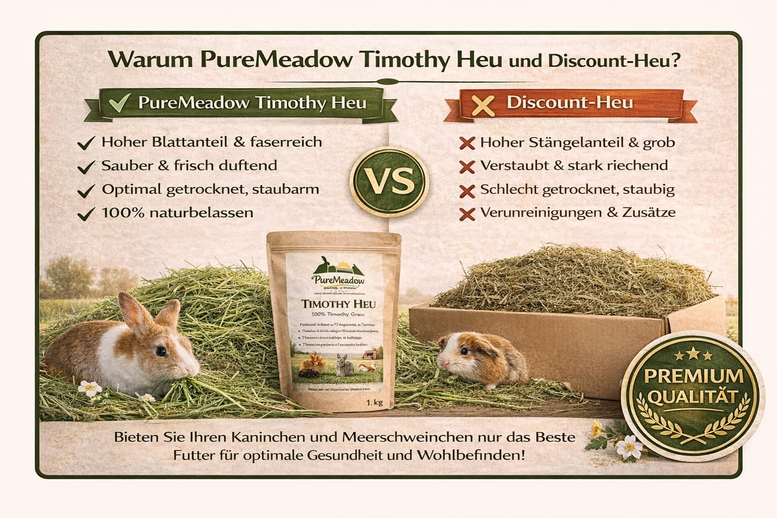 PureMeadow Premium Timothy Heno para conejos, cobayas, chinchillas, hámsters y otros animales pequeños, 3 kg