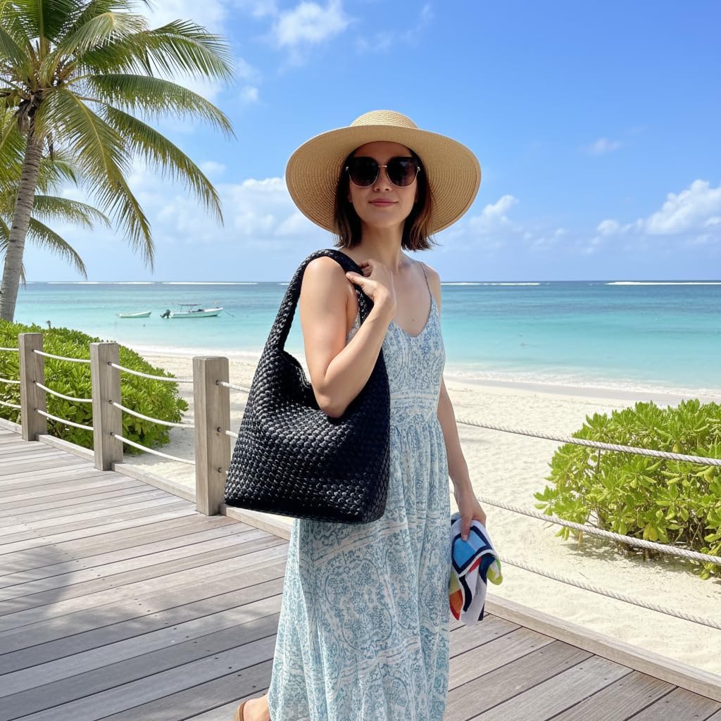 Woven Tote Bag for Women: Handmade Vegan Leather Purse for Vacation - Lightweight & Magnetic Closure for Daily Use