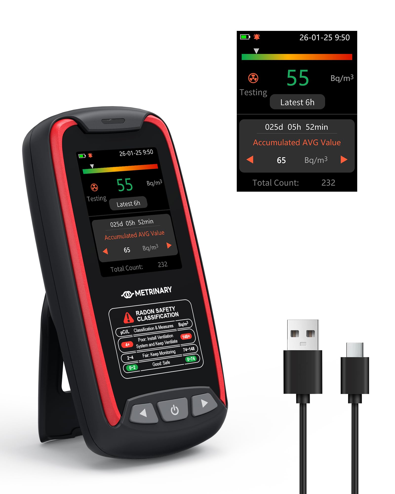 Radon Detector for Home, Portable Radon Monitor with TFT Color Display, Rechargeable Radon Tester Quick Result 6 Hour, 504-Day Data Storage with Audible & Visual Alarm (pCi/L or Bq/m³)