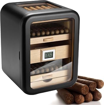 New Electric Ciagr Humidor Cabinet, Humidity & Temp Control Electric Humidors for Cigars, 110 Counts, Cigar Humidors with Spanish Cedar Drawer Shelves, Gifts for MenBlack,WithSunroof