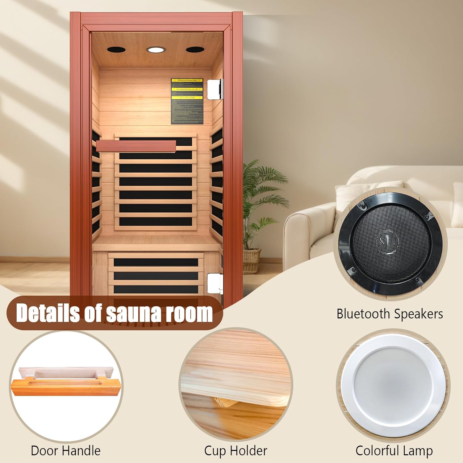 1 Person Infrared Sauna, Compact Indoor Sauna Room, Low EMF Red Cedar Sauna Box, 1065W Wooden Dry Sauna with Red Light Therapy & Bluetooth Speaker for Home & Gym Easy Assembly