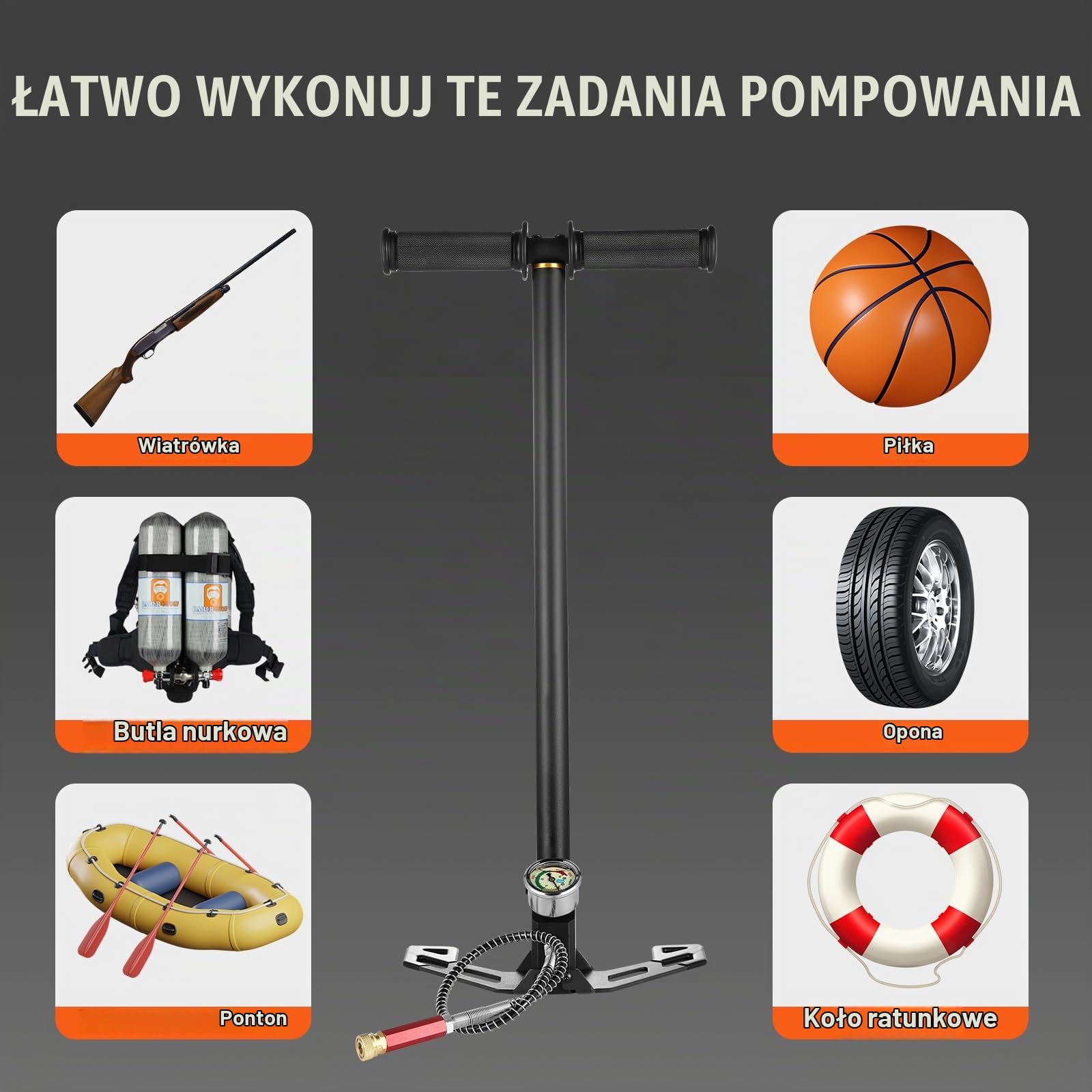 VEVOR 3-stopniowa ręczna pompa strzemionowa, ręczna pompa 4500Psi z wysokiej jakości stali nierdzewnej 301 3-stopniowa pompa do karabinu pneumatycznego, napełnianie, ładowarka strzemionowa, pistolety