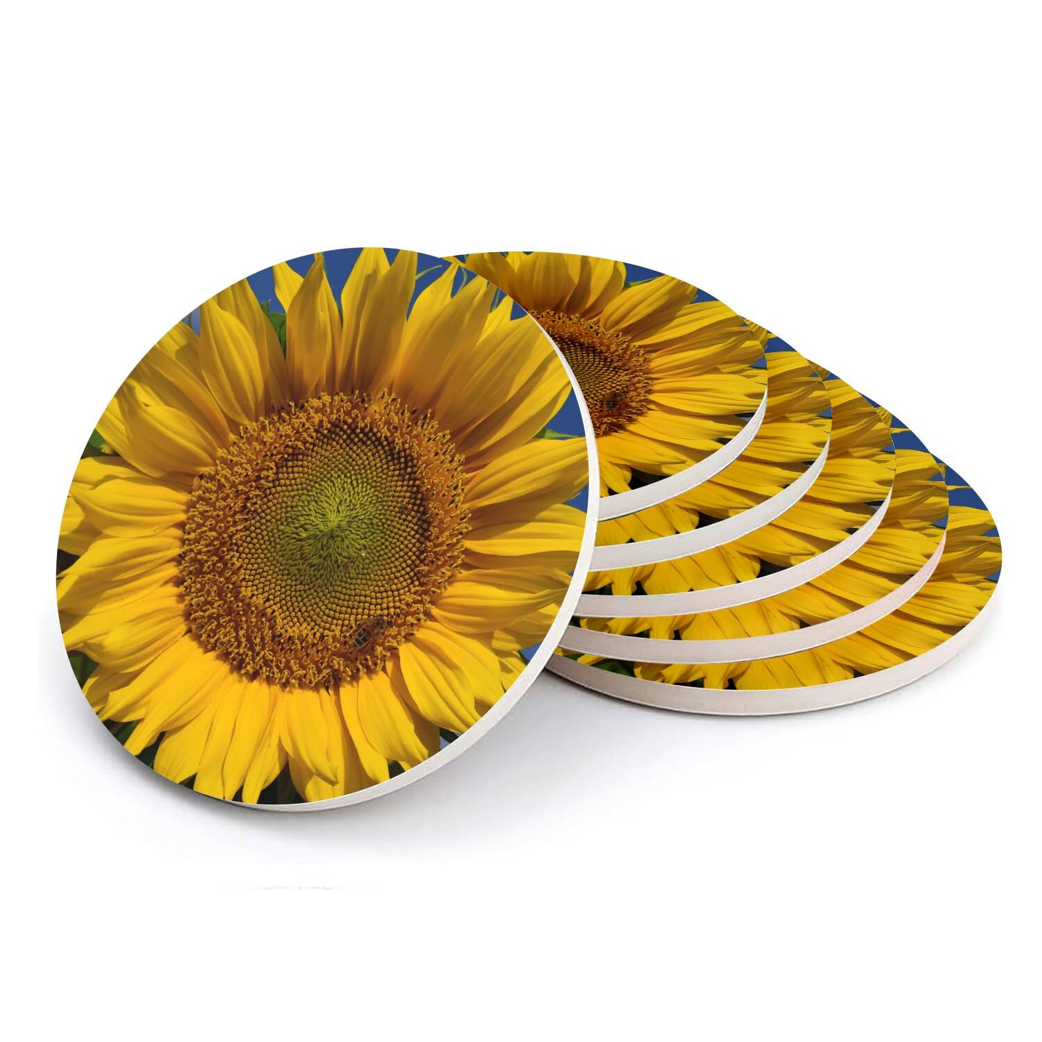 Sous-verre ronds en céramique motif tournesol, lot de 6 dessous de verre 108mm