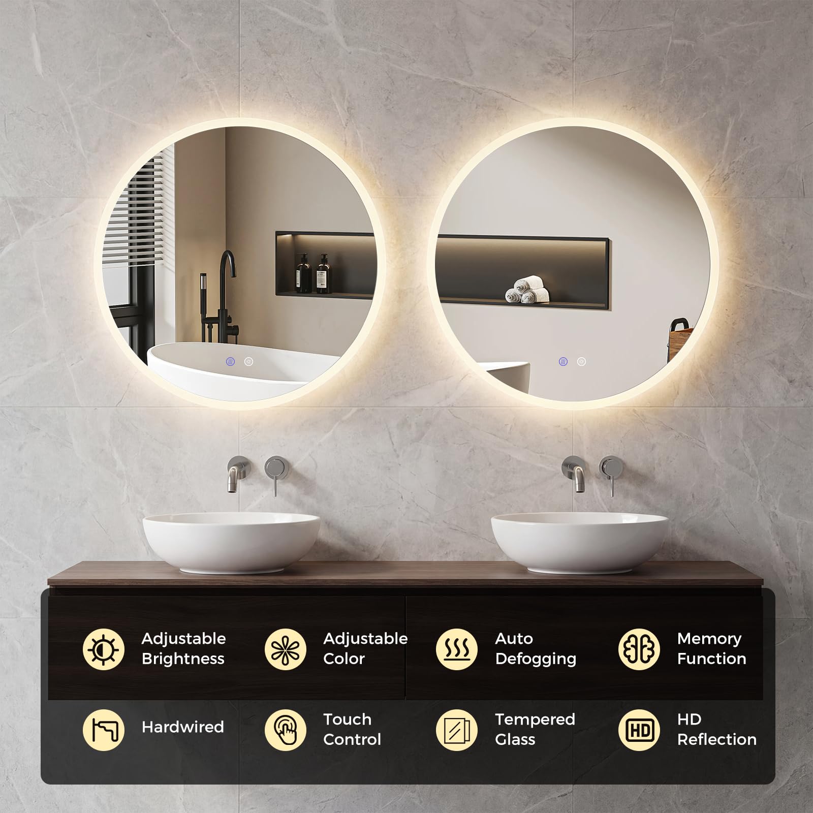 FANTASK Miroir de Salle de Bain Rond Lumineux, avec 3 Couleurs de lumière et variateur en continu, Anti-buée, en Verre trempé, pour la Maison, 60 x 60 cm