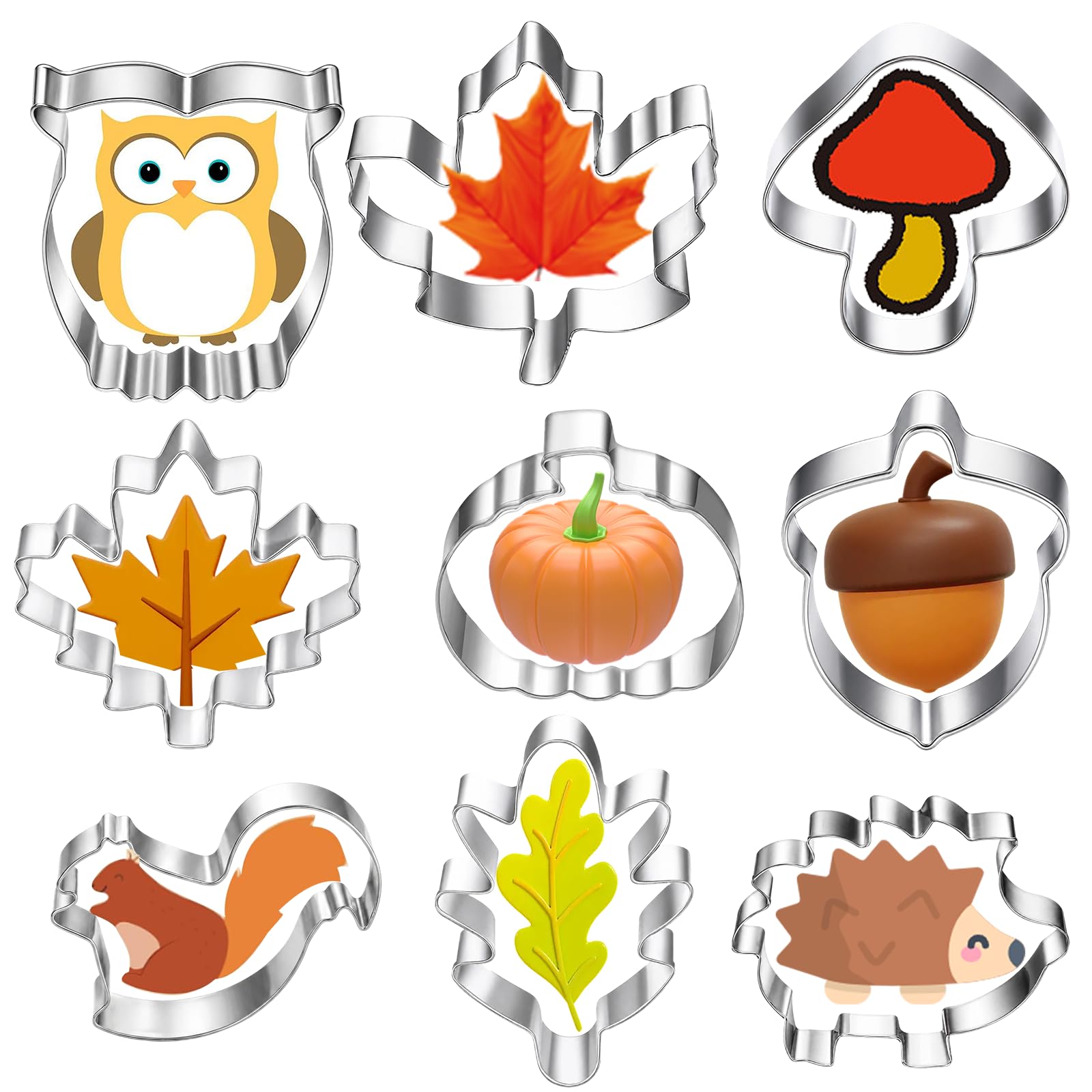 9 Autumn Cookie Cutters, Animal and Leaf Shape Cutters for Baking