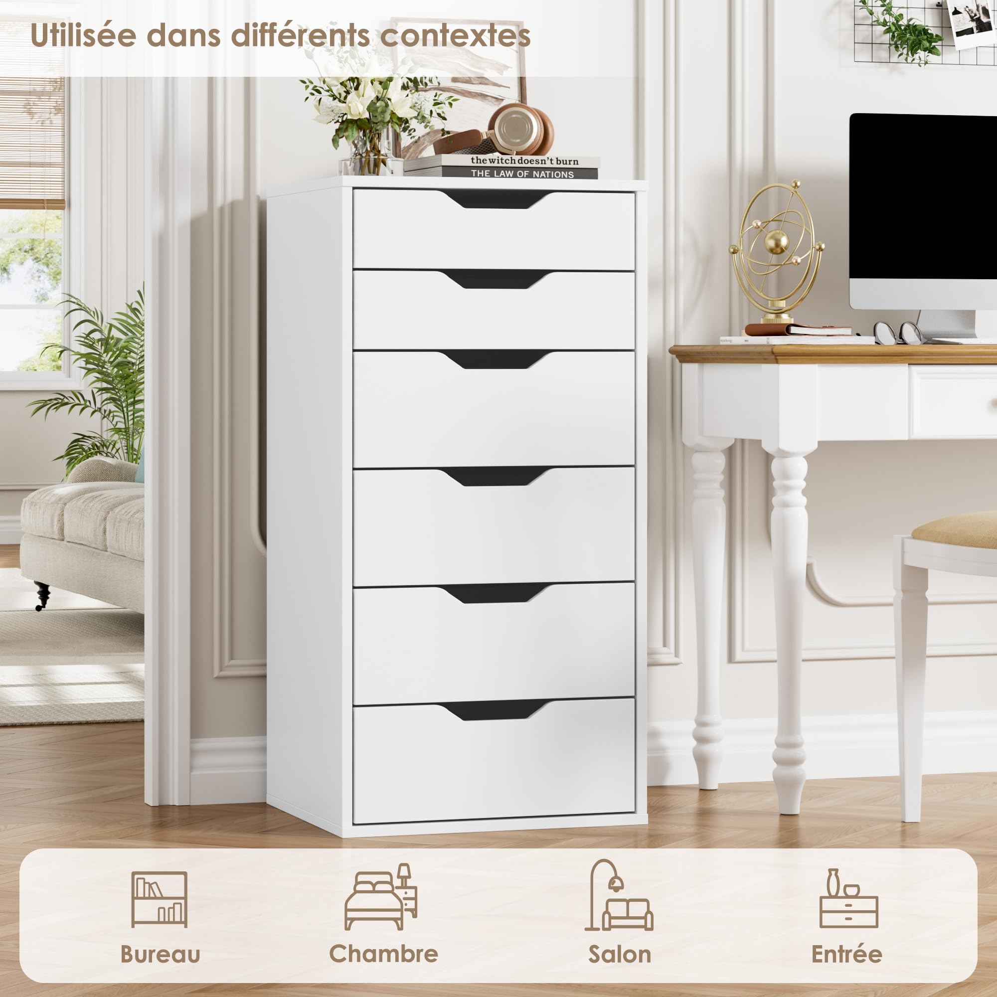 FOREHILL Commode 6 Tiroirs Commode Chambre Adulte Chiffonnier Meuble de Rangement pour Salon Bureau Entrée Chambre Commodes Blanche 45x40x90.5cm