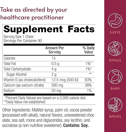 Miniatura 4 de Bariatric Advantage Picaduras masticables de citrato de calcio 500 mg - Altamente absorbible y digerible - Vitamina D3 - Suplemento de calcio