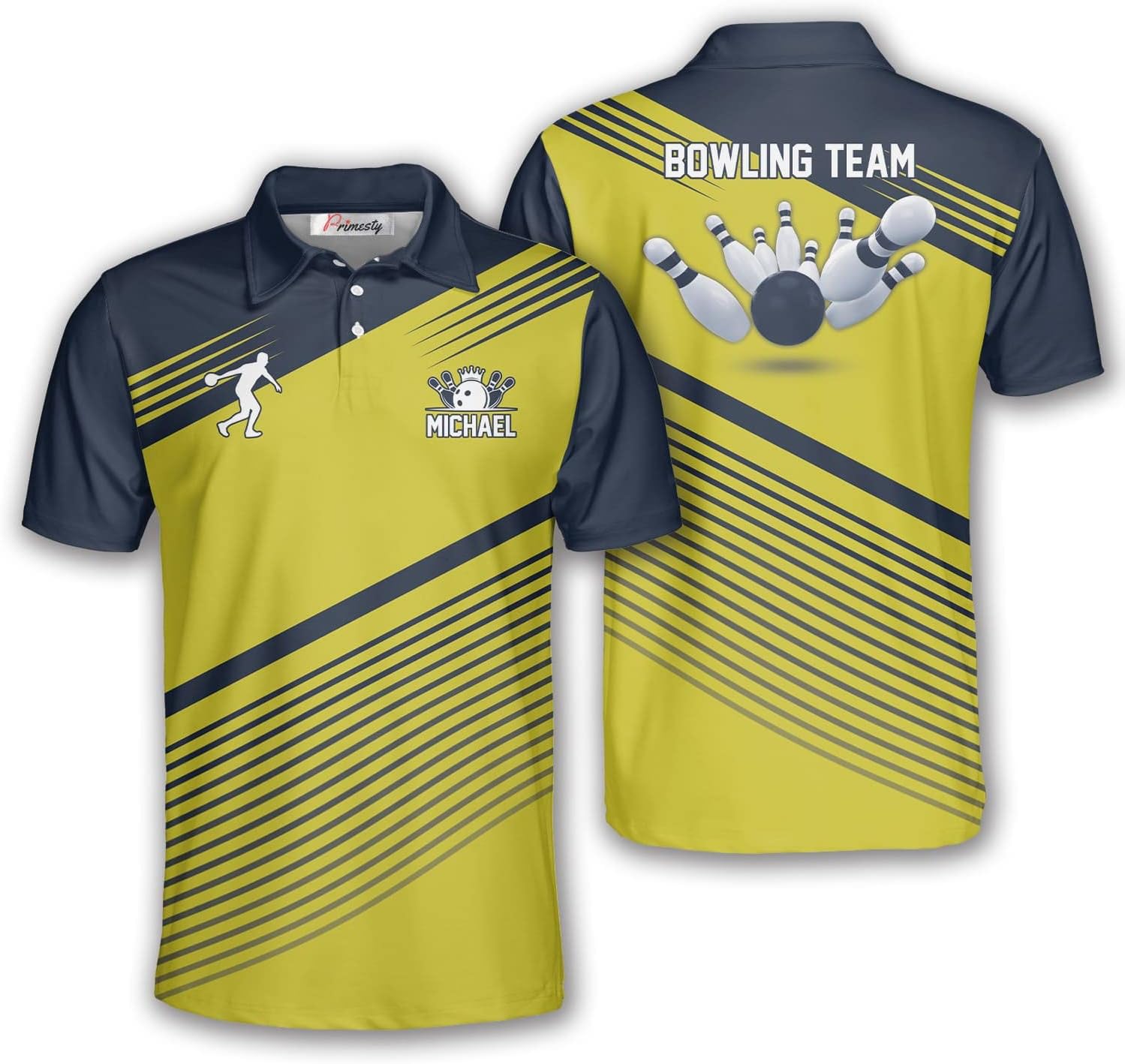 PRIMESTY Personalized Bowling Shirts for Men Custom Name and Team Name Bowling Polo Shirts Bowling Jerseys Size S-5XL