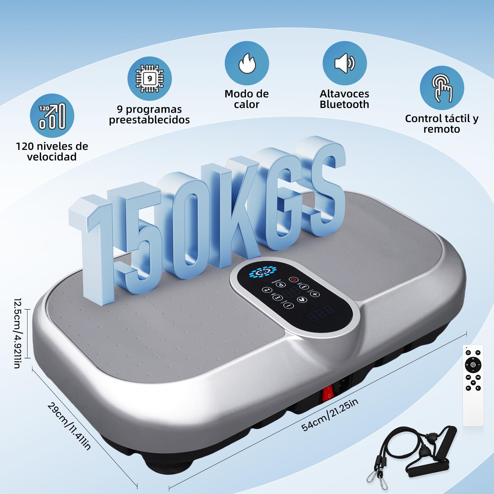 Plataforma Vibratoria 150KG, 120 Niveles de Vibración, 9 Programas de Entrenamiento Automáticos, Altavoz Bluetooth, Plataforma Vibración Muscular con Control Remoto y Banda de Resistencia