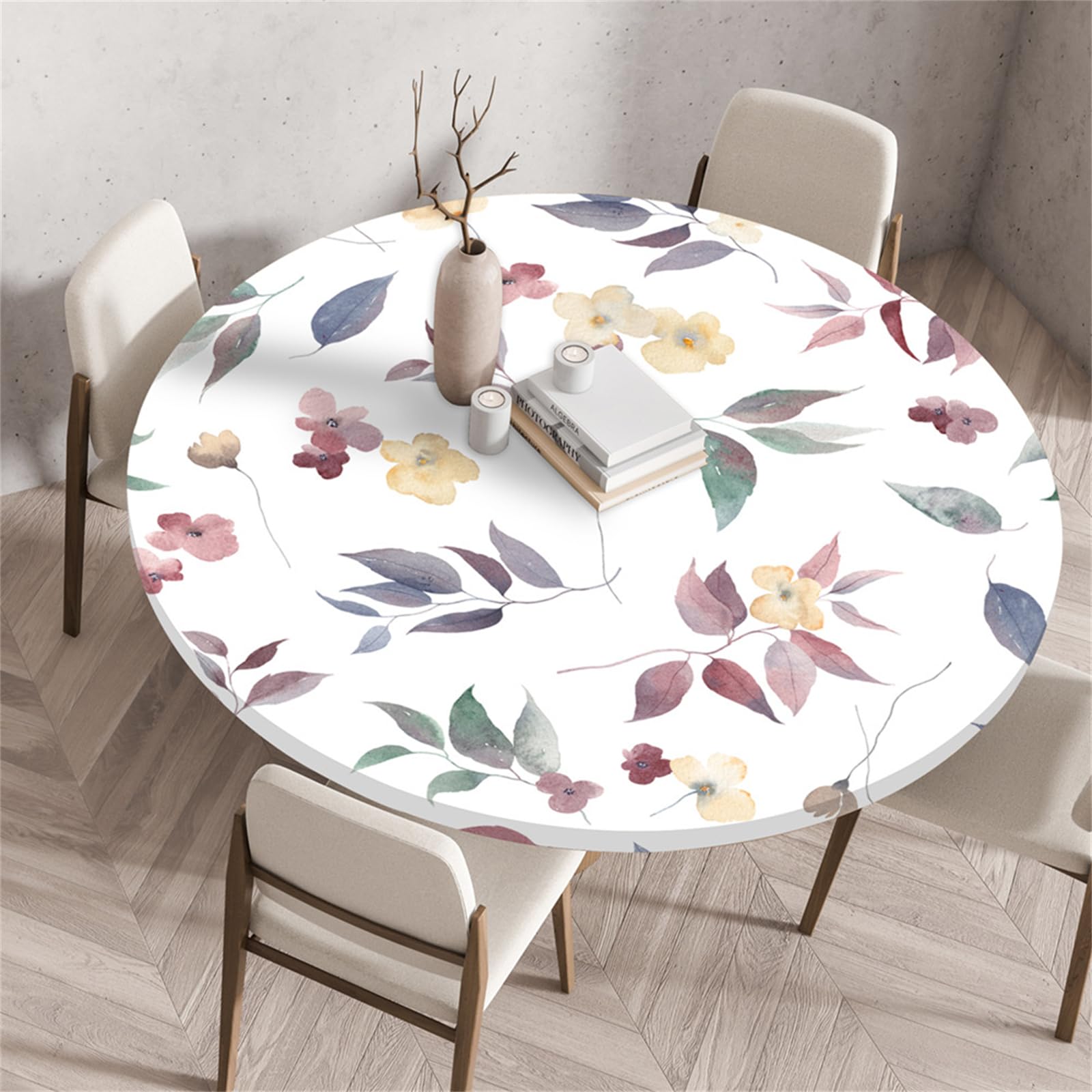 Muiuou Outdoor Elastic Round Tablecloth, Flower Printing Reusable Waterproof Oil-Proof Wipeable Round Table Cover Cloth,Fitted Kitchen Restaurant Home Decoration (Diameter 90cm,Style 10)