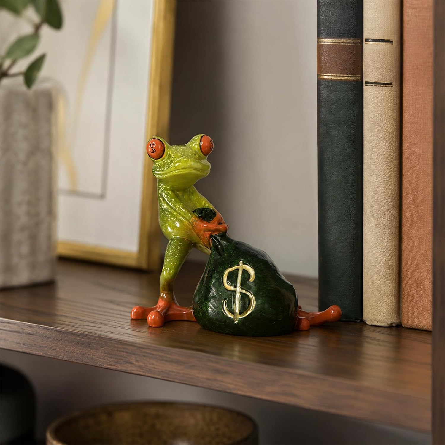 Funny Resin Frog Figurines, Green Frog Statue for Home Office Desk Shelf Decor, Cute Animal Collectible Sculpture, Indoor Decorative Figurine Gift for Frog Lovers (Money Bag Frog) image 3