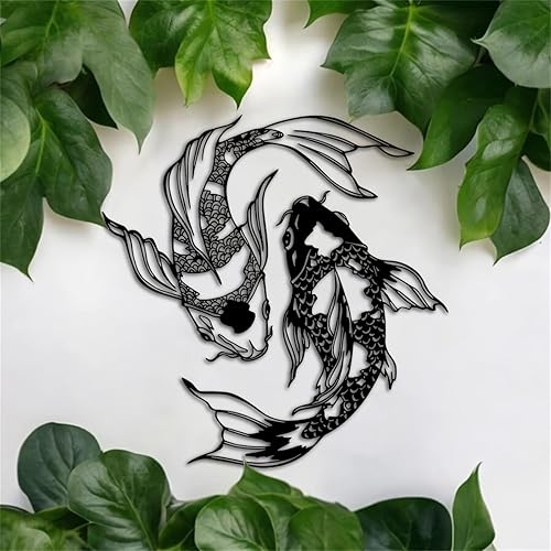Vista 6 de YBLCOZYC 2 piezas de arte de pared de pez koi, escultura de pescado de Feng Shui de metal, adorno colgante para interiores y exteriores, con regalo