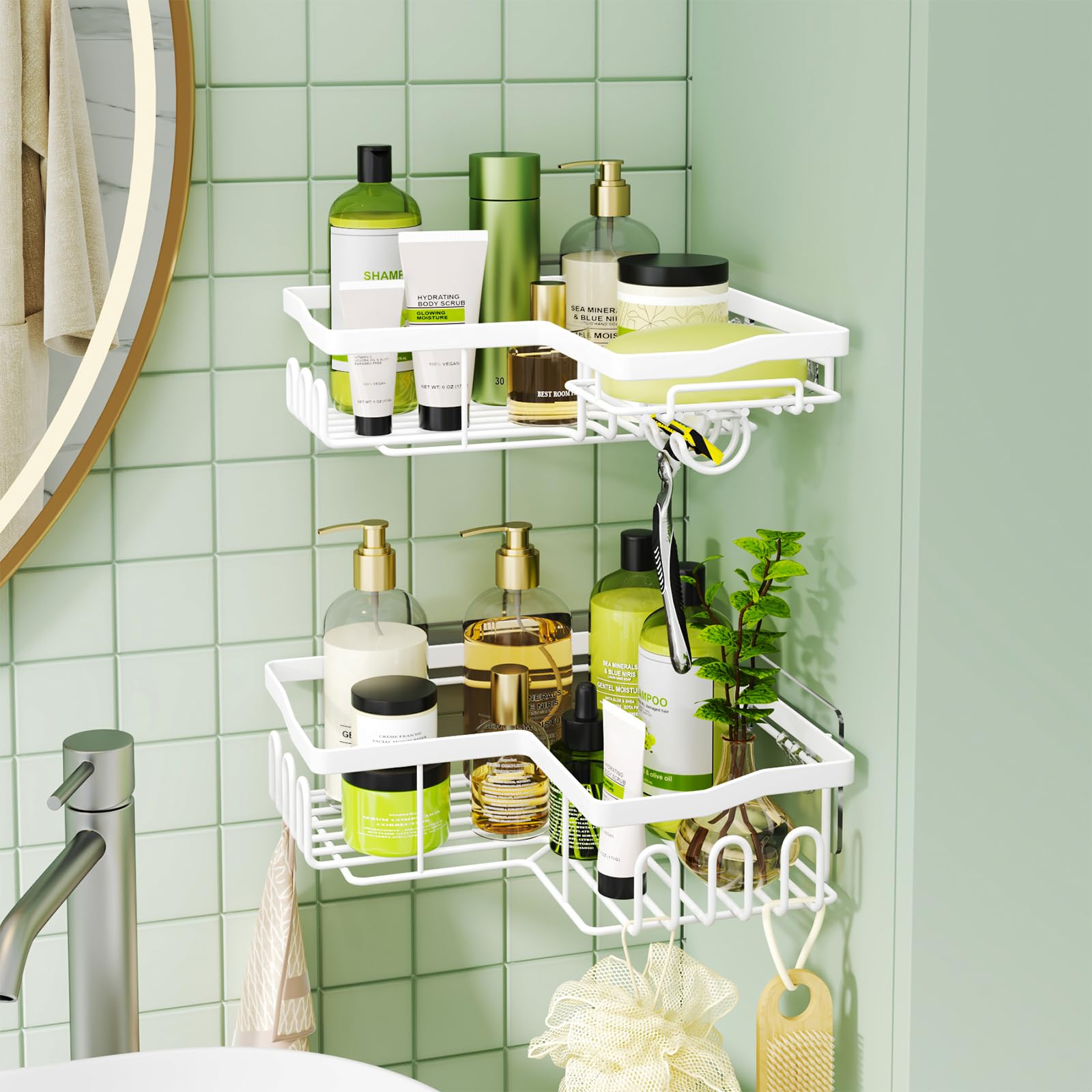 HapiRm Doucheplank zonder boren - Doucheplank zonder boren voor badkamer en keuken, douchemand met 11 haken, zeepdispenser, scheerderhouders, shampoohouder voor douche, badkamerorganizer, 3 stickers