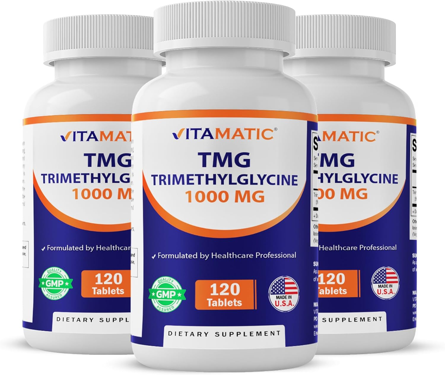 Vitamatic TMG Supplements 1000mg - Trimethylglycine - Betaine Anhydrous - 120 Tablets - 120 Servings - Non-GMO & Gluten Free (3 Bottles)