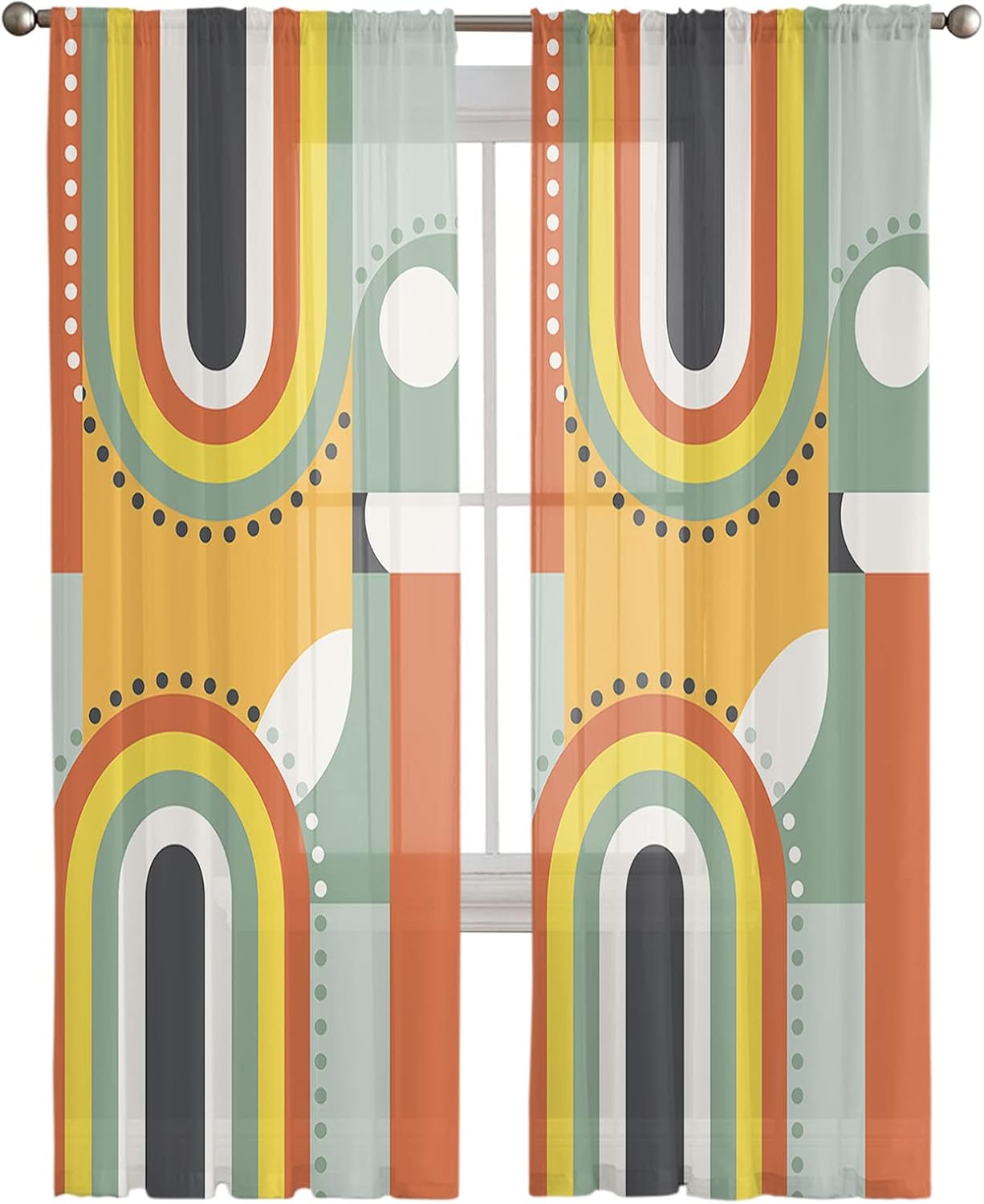 Sheer Curtains 108 Inches Long, Mid-Century Modern Art Geometric Abstract Yellow Orange Window Treatment Panels Rod Pocke Curtain Voile Drapes for Bedroom/Living Room Each 52" W x 108" L