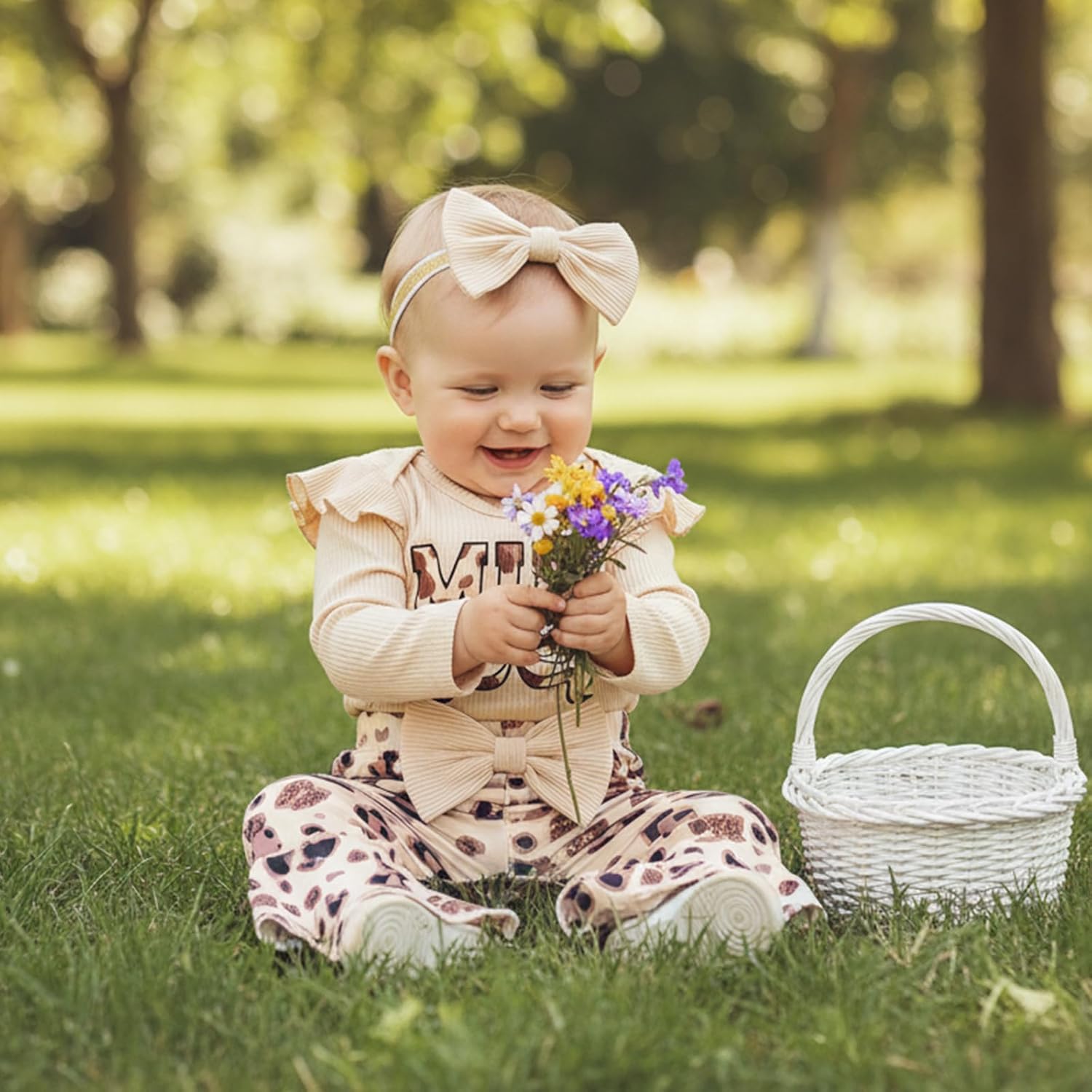 fhutpw Newborn Baby Girl Clothes Infant Rib Frill Long Sleeve Romper Flared Pants Headband Set 3pcs Fall Winter Outfits - Image 2