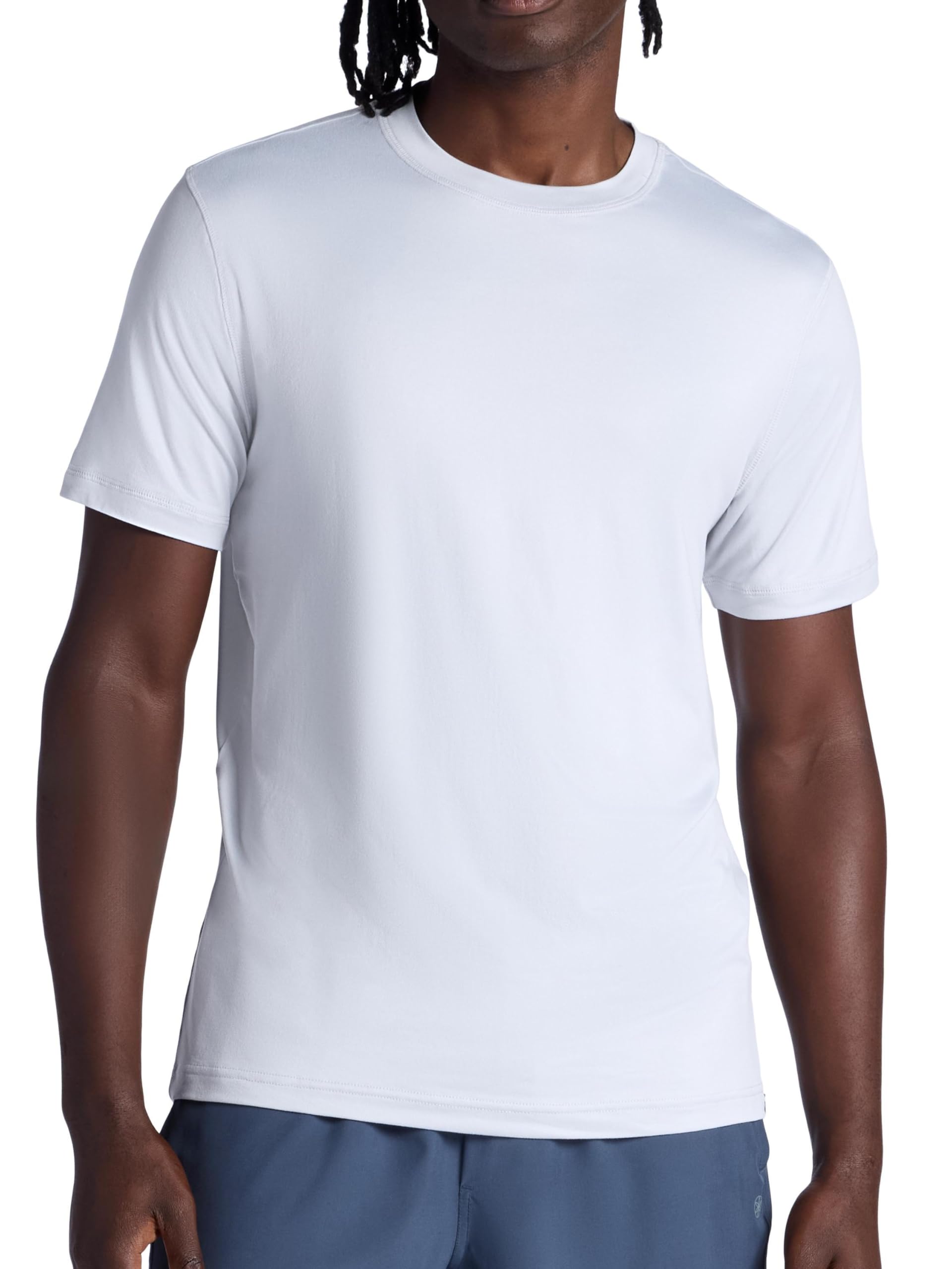 Gaiam Mens Everyday Basic Crewneck Top, Standard Fit, Stretch Midweight Material, Microchip, Large