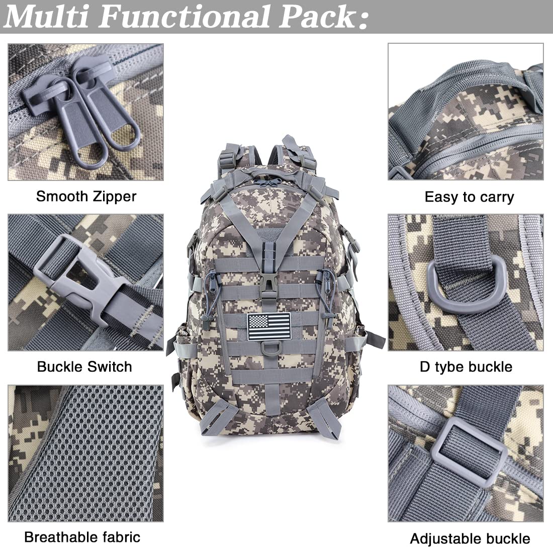 Mochila táctica de la motocicleta militar Molle bolsa EDC mochila senderismo mochilas para ciclismo camping, ACU camuflado, Pequeño, Classic 5