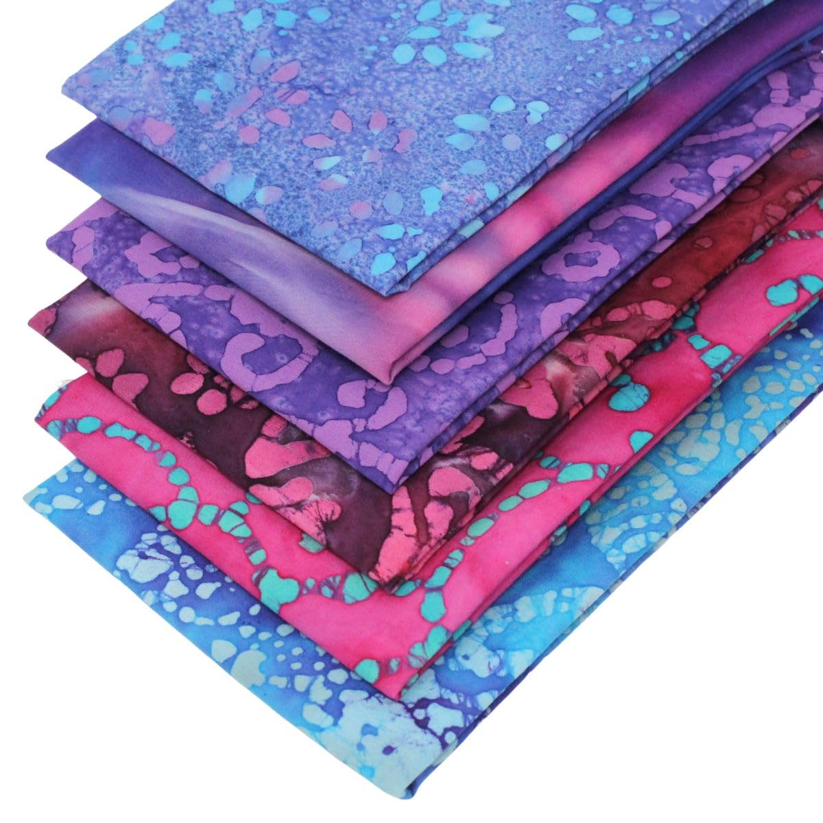 6 Fat Quarters - 'Batik Bundle in Shades of Blue, Pink and Purple' 100% Cotton Fabric. Ideal for Crafting Sewing and Quilting Projects (Includes Free Patchwork Pattern by Overdale Fabrics)