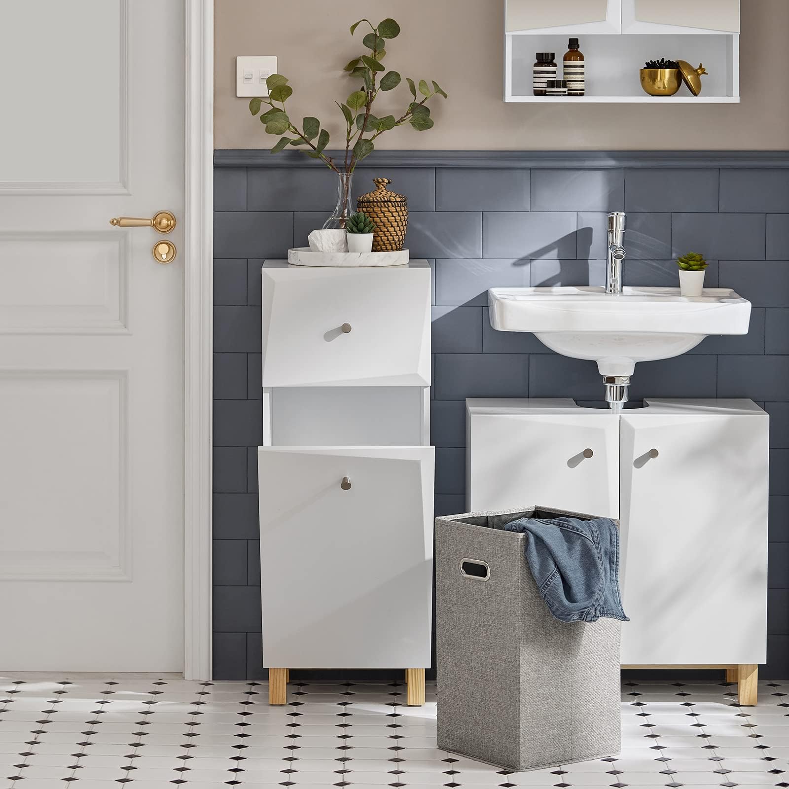 SoBuy Armadietto da Bagno con Cesto per il Bucato – Mobile per il Bucato con Cassetto Compatto, Mobile Salvaspazio in Legno per il Bagno, Design Moderno, Bianco, 34x90x30 cm, BZR93-W