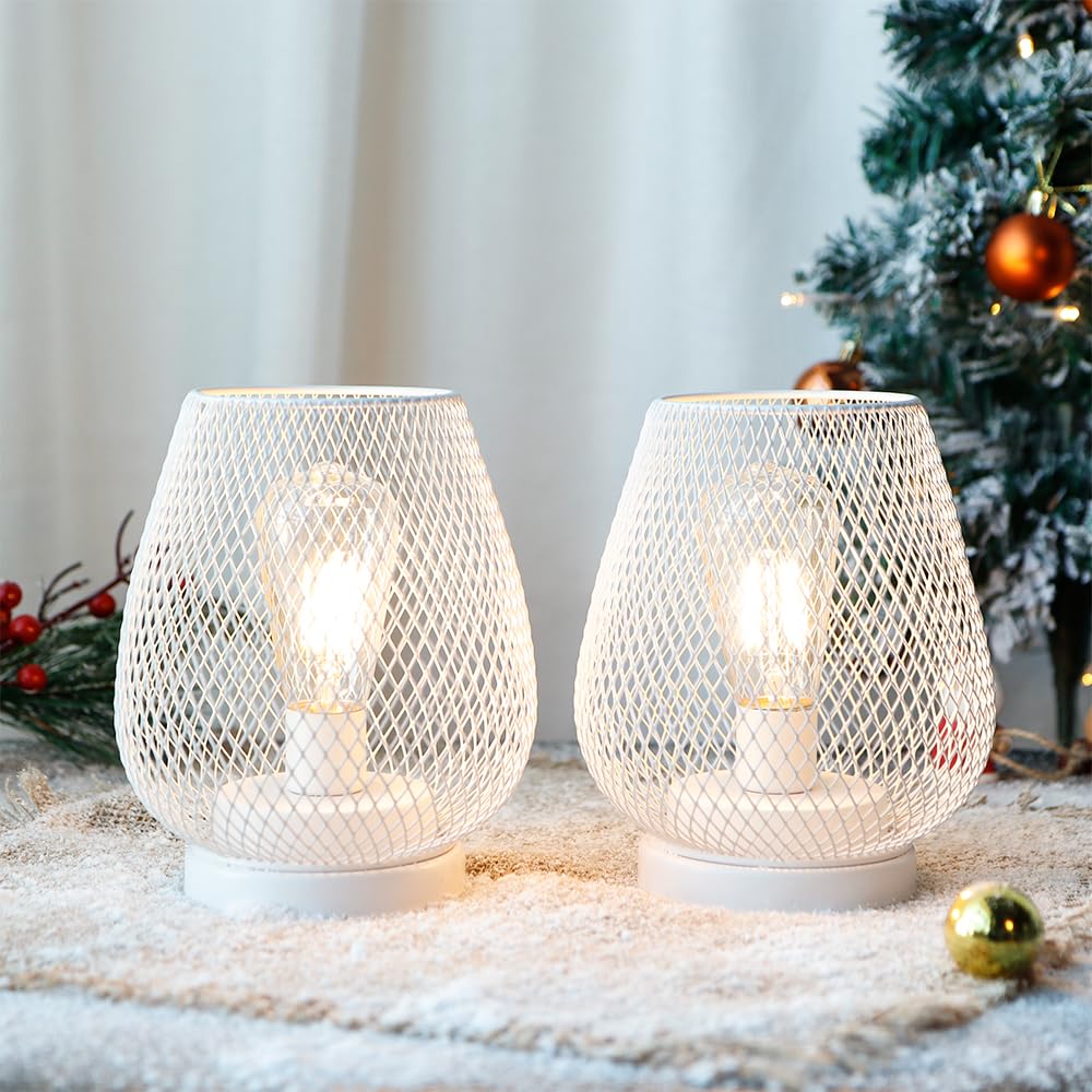 JHY DESIGN Set of 2 Metal Cage LED Lanterns Battery Powered Cordless Accent Light with Great for Weddings Parties Patio Events for Indoors Outdoors(White)