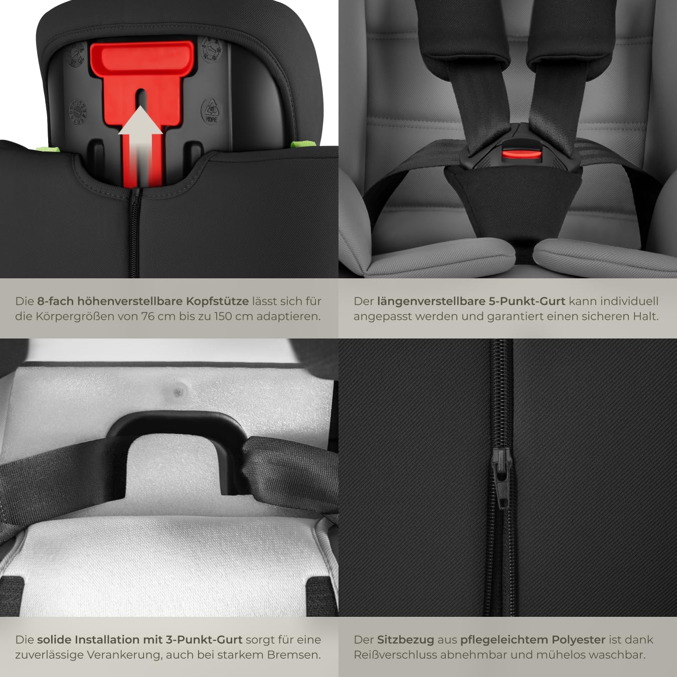 tectake® Autositz mit 5-Punkt-Gurt, i-Size Zulassung, mit Seitenaufprallschutz, Kindersitz Sitzerhöhung für Kinder von 76-150 cm, bis 36 kg, Kindersitzerhöhung, ohne Isofix - dunkelgrau/schwarz