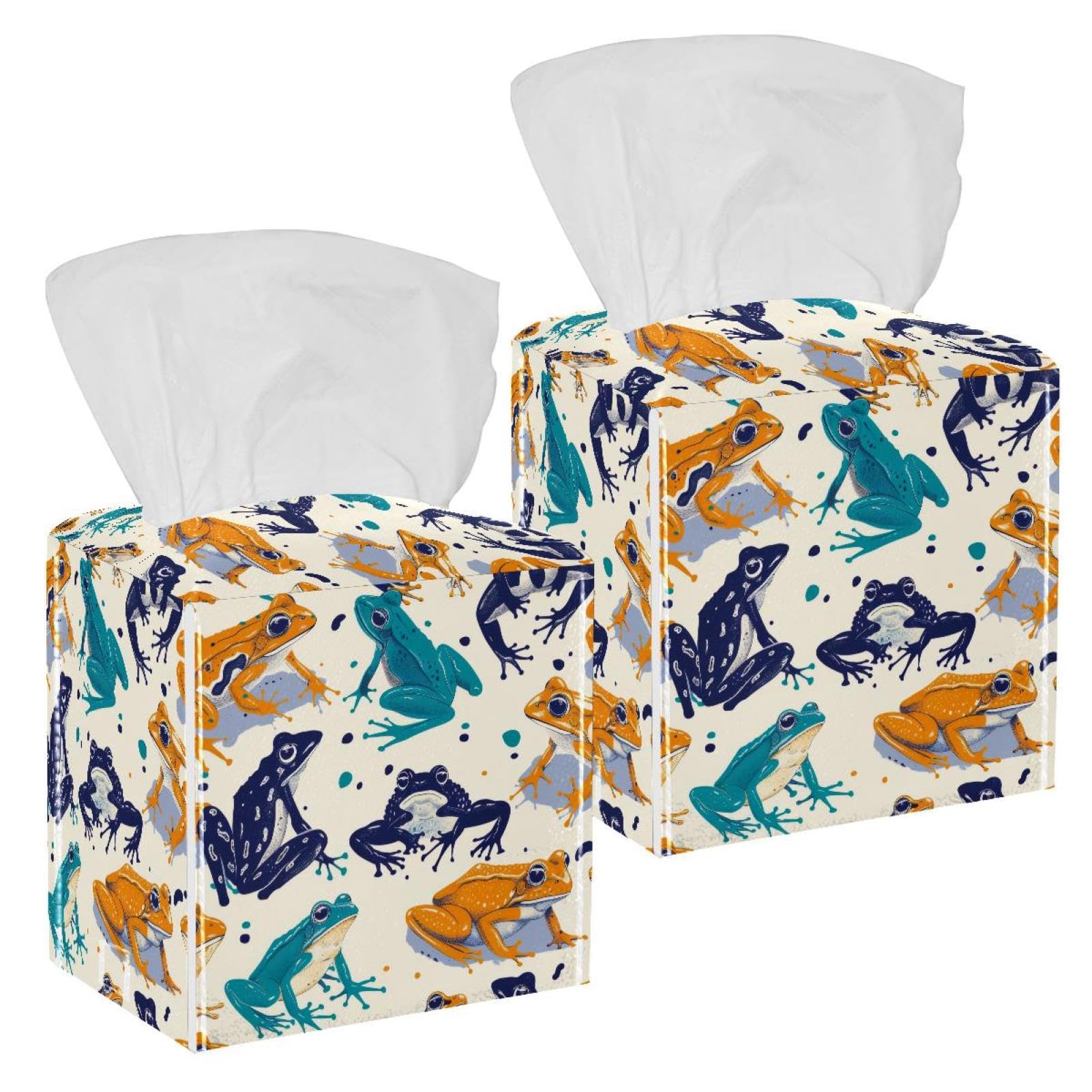 Frogs Pattern Tissue Box Cover, 2 Pack PU Leather Square Facial Tissue Dispenser Box holder for Home Office Car