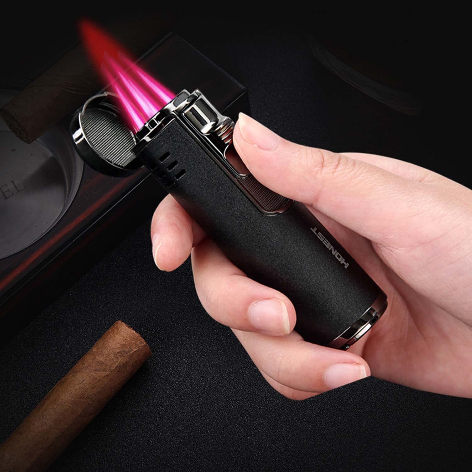 Paquet de 5 Métal Cigare Briquet Cylindrique 4 Jets Rouge Flamme Torche Rechargeable Au Butane avec Cigar Punch Briquet de Poche Vente en Gros (sans Gaz)