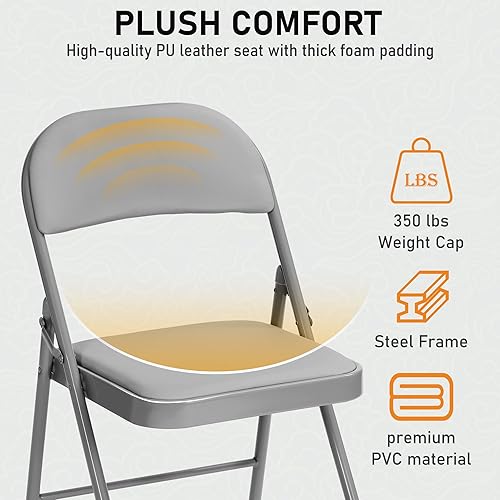 Miniatura 3 de SEALAMB Paquete de 4 sillas plegables grises con asientos acolchados y cojín, sillas plegables de metal duradero para bodas, sillas comerciales para