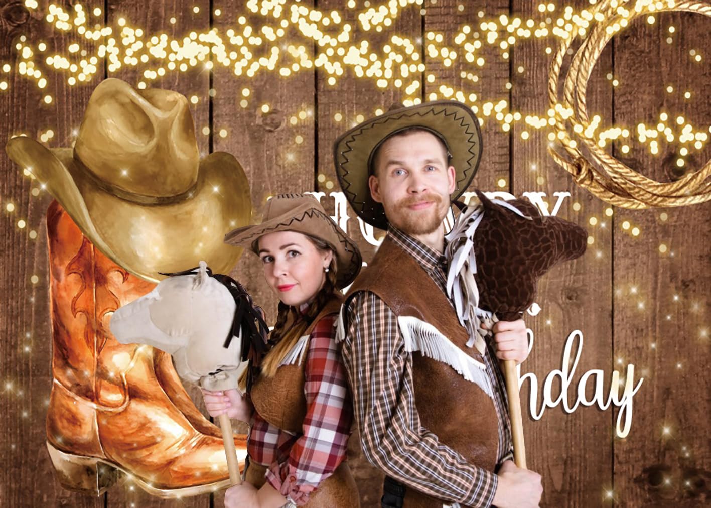 3.6x3m Sfondo Western Cowboy Happy Birthday Rustic West Rodeo Boots Pavimento in legno Fotografia di campagna Sfondo tema occidentale Decorazioni per feste di compleanno per bambini