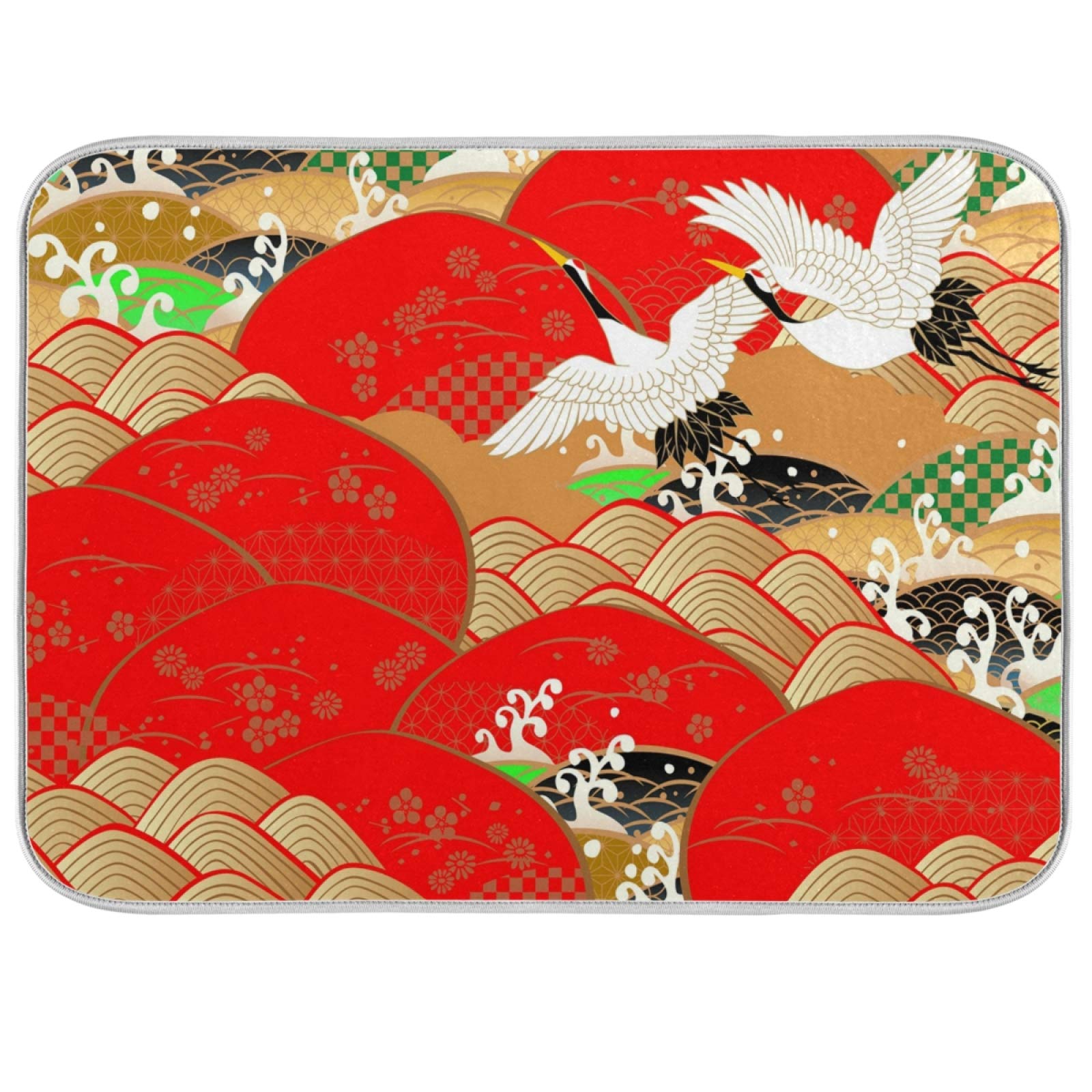 Oarencol Japan Crane Bird Wave Dish Drying Mat Vintage New Year Absorbent Microfiber Kitchen Countertop Mat 16 x 18 Inch