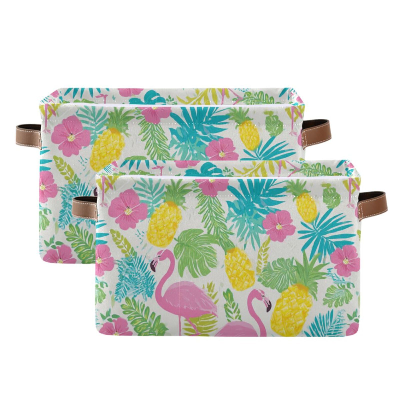 Aslsiy Storage Basket Summer Flamingo Hibiscus Nursery Bins Tropical Leaf Pineapple Baby Toys Box Canvas Clothes Shelf Basket Laundry Hamper Gift Basket for Home Closet 2 Pcs