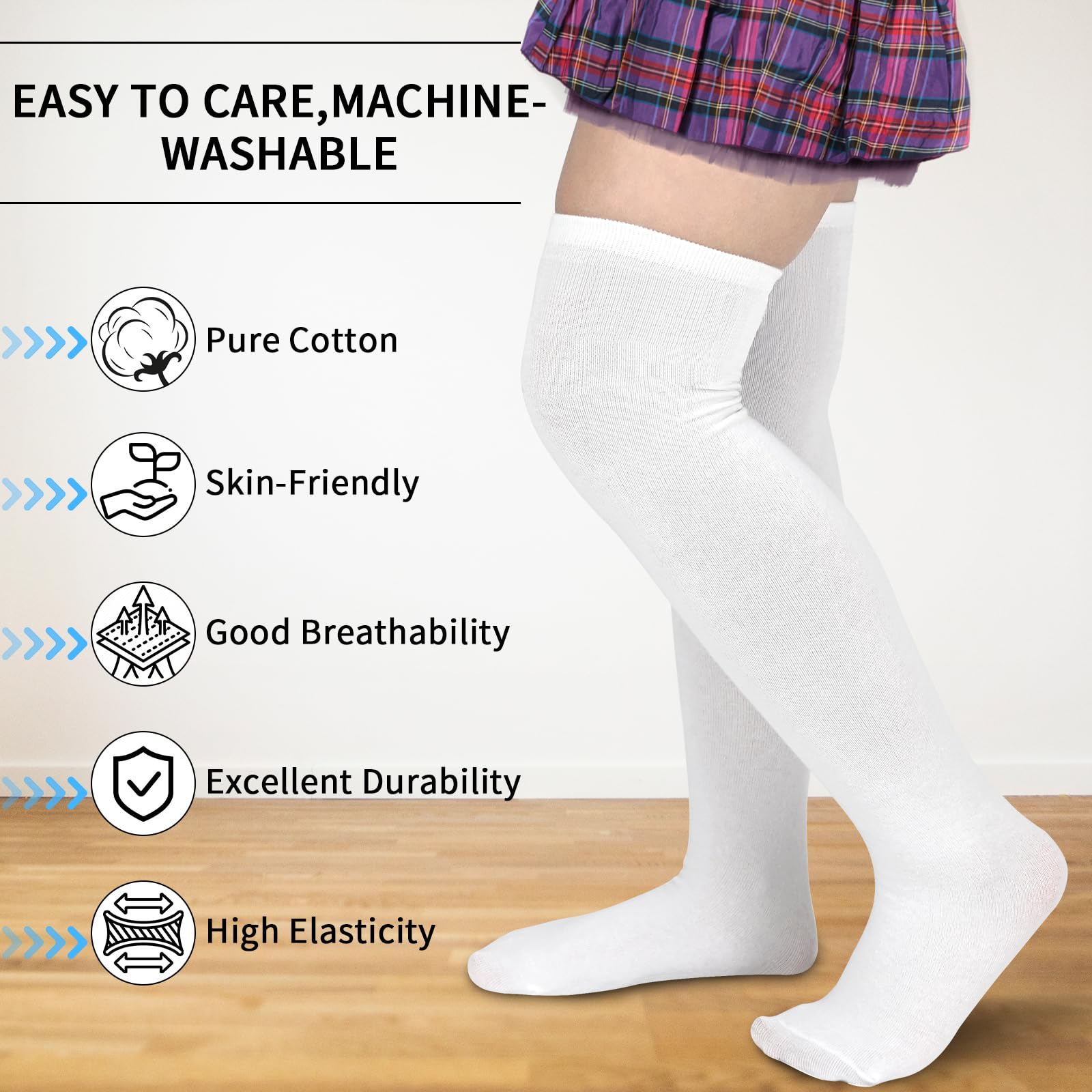 KOOOGEAR 3 pares de calcetines altos hasta la rodilla para niñas y niños, calcetines de algodón blanco y negro, calcetines de regreso a clases, calcetines lisos para uniforme de fiesta, calcetines
