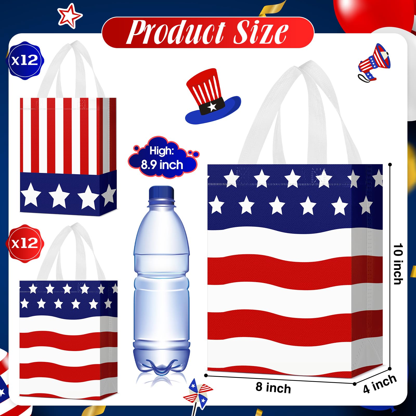 Locmeo 24 Pcs 4th of July Patriotic Party Favor Bags with Handles Reusable Non Woven American Flag Goodie Bags Independence Day Gift Bag for Girl Boy Birthday Memorial Party Supplies, 8 x 4 x 10 Inch