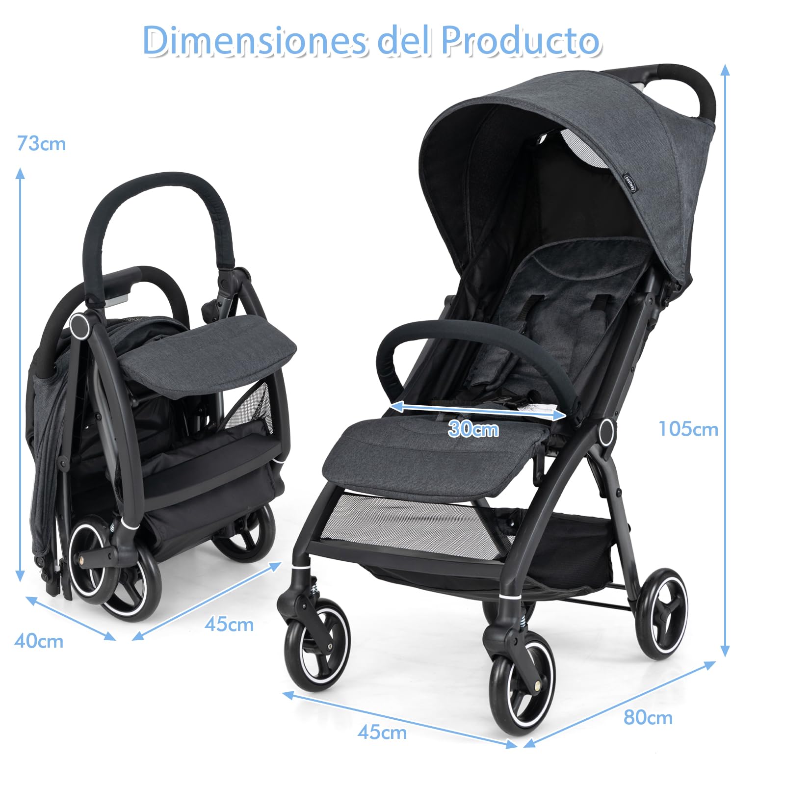 GOPLUS Silla de Paseo Plegable y Ligera, Cochecito Bebé Hasta 15kg, Respaldo y Capota Ajustables, una Mano con Ruedas de EVA, Carrito para Infantil y niño (Gris)