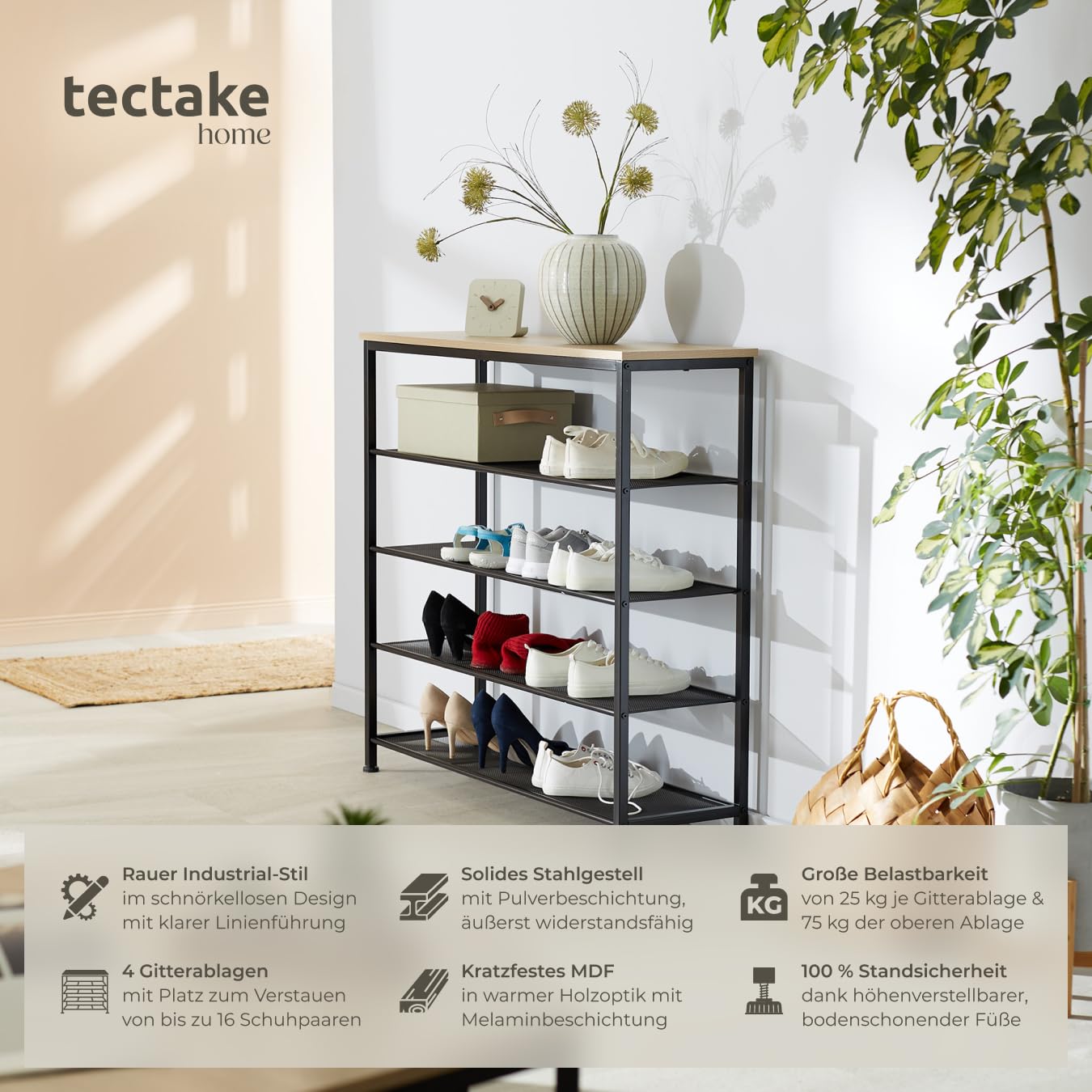 tectake® Schuhregal schmal mit Ablagefläche, Schuhbank 5 Ebenen, 4 Gitterablagen, Schuhregal platzsparend 100 x 30,5 x 93 cm, Flur Regal, Schuhschrank, Garderobe (Industrial Holz hell, Eiche Sonoma)
