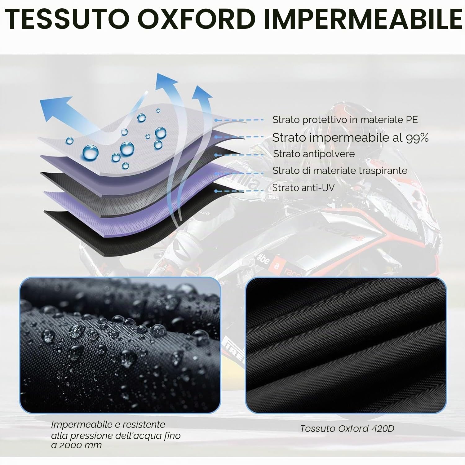 Telo Coprimoto Impermeabile Oxford 420D NEVERLAND Telo Moto per esternoTeli per Moto Motorino Motociletta Scooter Copertura Motociclo Resistente a Polvere/Pioggia/Foglie 220 * 95 * 110CM