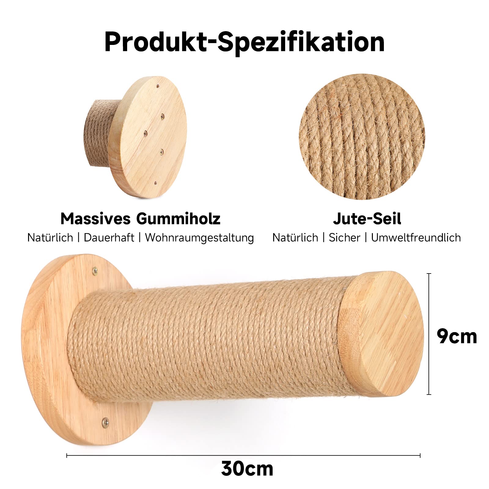 FUKUMARU Katzentreppe Wand, Kletterstufe (2er-Pack), massives Gummibaumholz, Ø 9 x L30 cm Sisal-Pfosten, Wandmontage Jute-Kratzäulen, DIY Kletterwand Katzen
