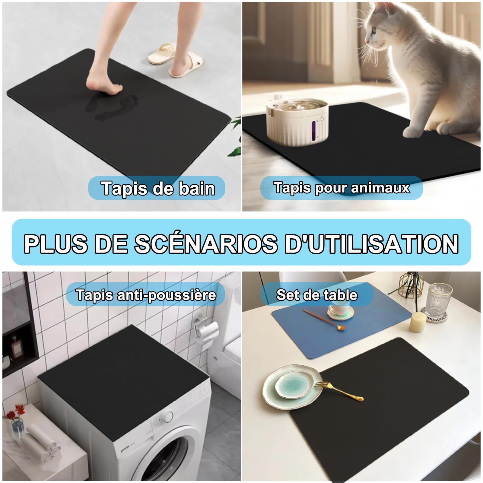 Tapis Égouttoir De Cuisine Diatomite Antidérapant 30x40cm Noir - Tapis Absorbant Pour Comptoir Et Animaux