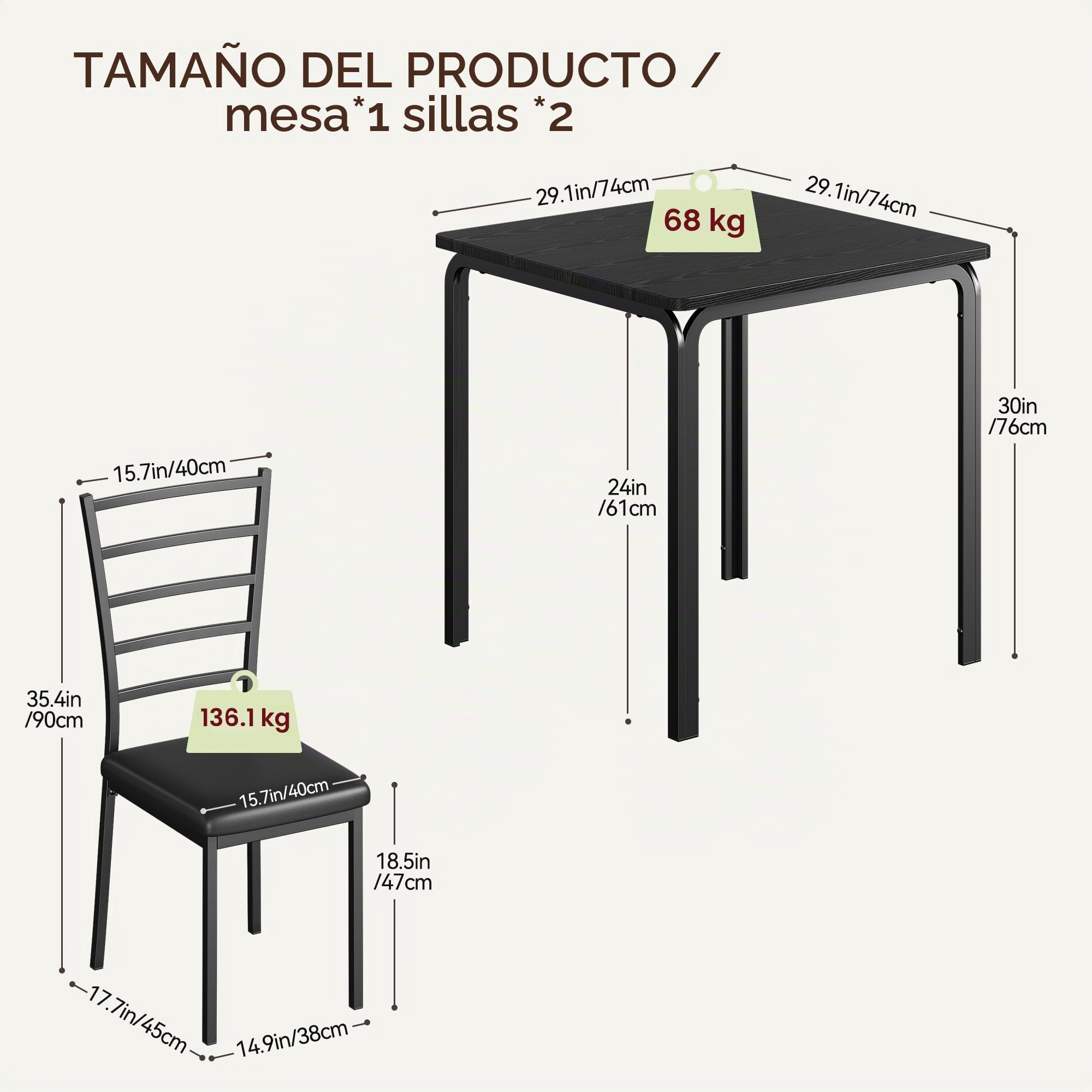 Garvee Mesa Comedor, Set de 1 Mesa y 2 Sillas con Mesa de MDF, Ideal para Hogar y Familia, Uso Interior en Cocina y Salón, Comidas en Familia, Negro