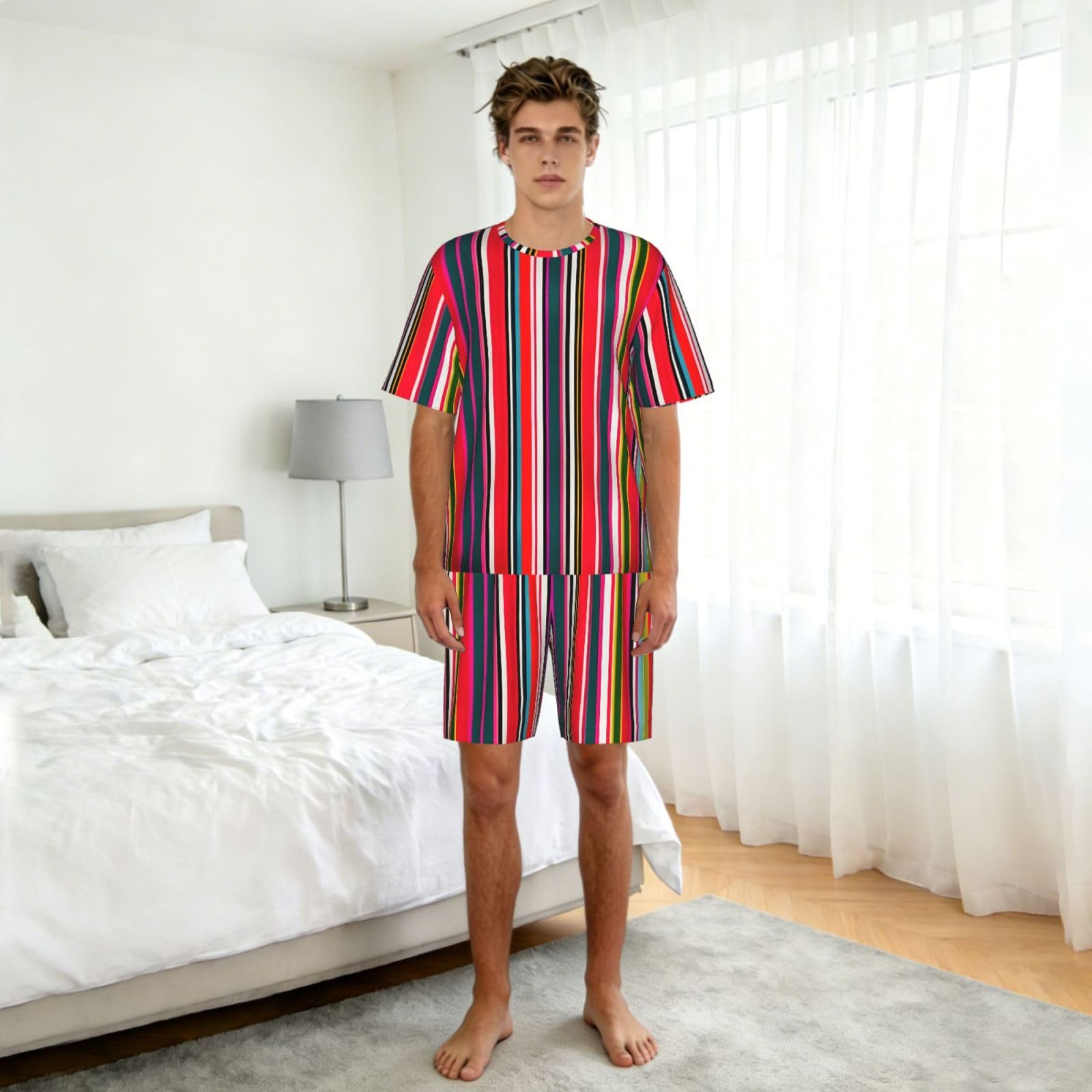 Conjunto de pijama clásico con estampado de rayas coloridas para hombre, pantalones cortos de pijama suaves para hombre, perfecto para las noches de verano