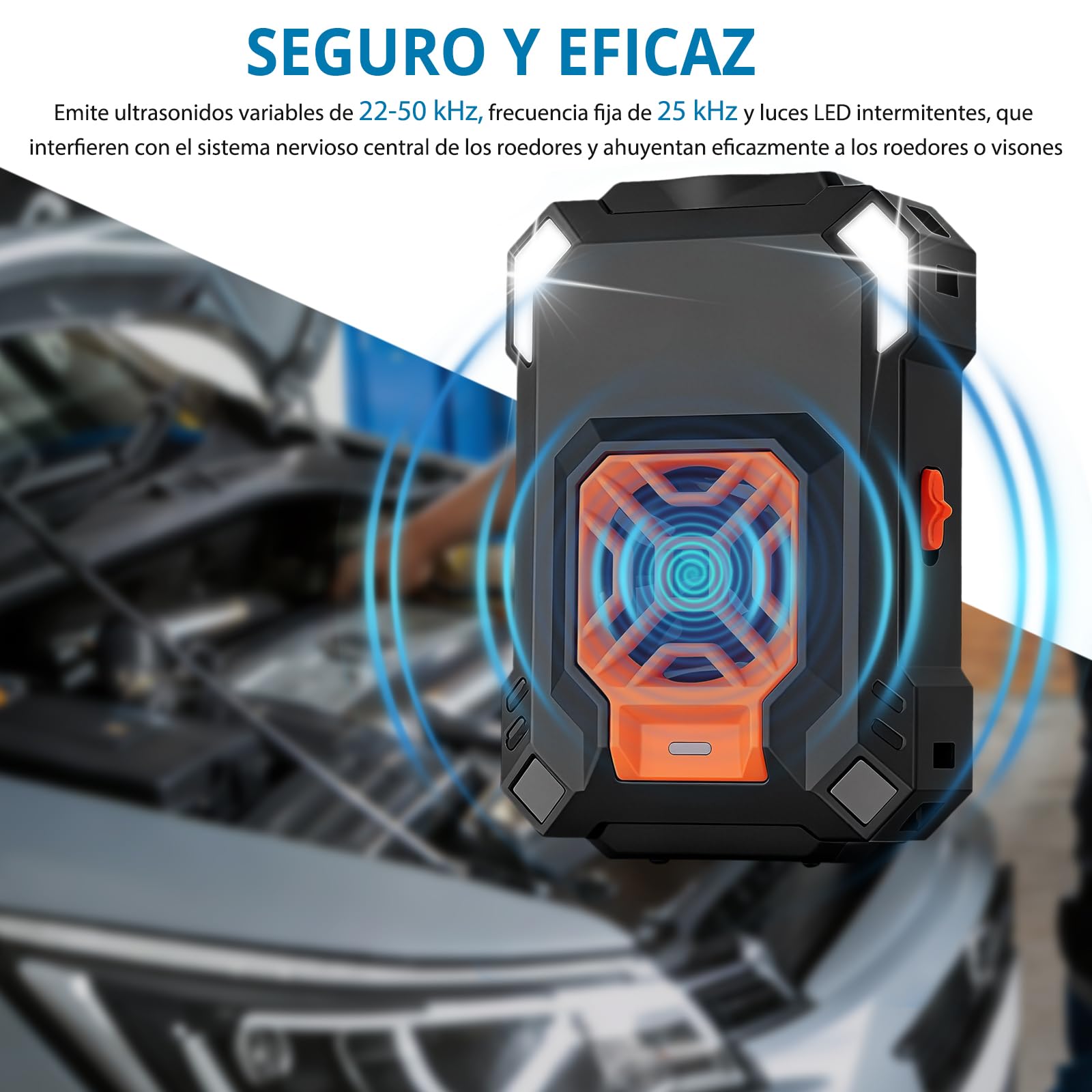 AUTOUTLET Repelente de Ratas Ultrasonico Coche 20-50 kHz Ultrasónico Repelente de Martas con Luz LED Intermitente, Alimentar con Baterías AAA, Batería de Coche o USB Función Start-Stop
